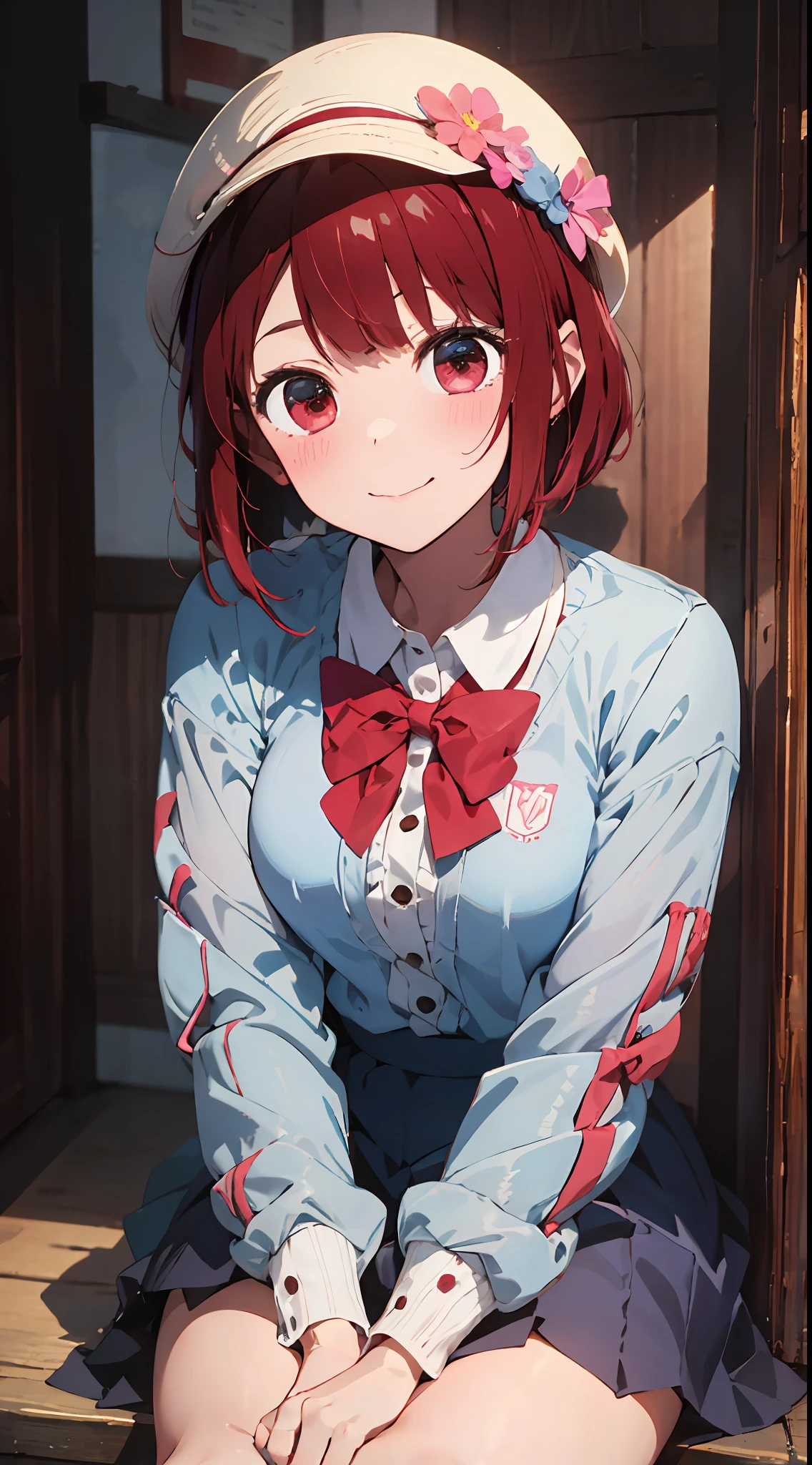Masterpiece to the smallest detail、top-quality、1girl in、Solo looks 12 years old、150cm petite beautiful girl、small tits、12-year-old baby face、red hairs、Gradient bob in the forward、Pink and violet mesh、red eyes、Red eyes、Tall, big eyes、Outstanding looks、A lovely child、proximity、closed_mouth、a smile、red blush、full of shyness、blue headwear、Hats、pink bowtie、校服、 Blue jacket、jaket、skirt by the、Gray skirt shirt、white shirt、an legs、Black socks、sitting on、Classroom、hair_ornament、looking_at_viewer、beatiful detailed eyes、Akame、panties on、lift up one's skirt、Professional effects、