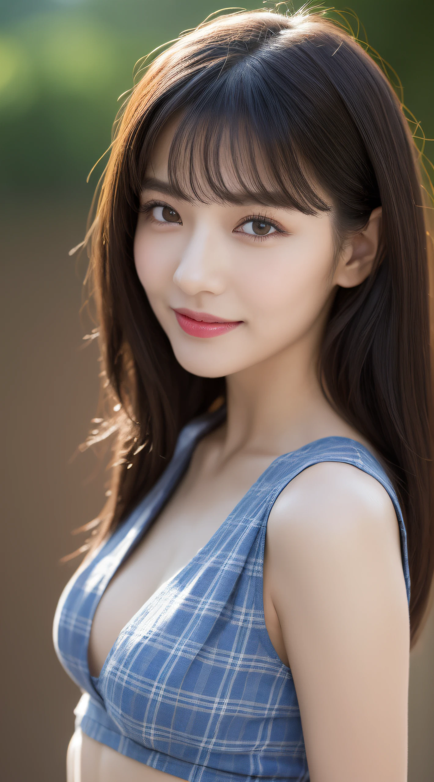 high detal，8K分辨率，超高分辨率，Best image quality，a beauty girl，lipsticks，Love pupils，Peerless beauty，Messy black straight hair，shoulder-length short hair，（Coiled hair）Smooth hair，Intense and beautiful makeup，Exquisite and perfect facial features，the most beautiful big eyes，Be red in the face，Sweet smile，（Wearing a blue lace shirt with buttons，tiese ，Plaid pleated skirt）Open navel，Thin waist，（Full breasts）Get close to the viewer，dynamic angle，Extreme picture quality，Highest accuracy, CG unity (extreme) detail 8k wallpaper, masterpiece, best quality:1.2), 8k, a stunning landscape, surreal, realistic, ****ung girl, beautiful, sexy, body stunning figure, perfect body beauty, full body, stylish, camera angle, long hair, slim waist, very detailed facial and skin structure, glittery eyes, soulful eyes, pretty eyes, Double eyelids, Fair skin, harmonious facial details, fair skin, charming smile