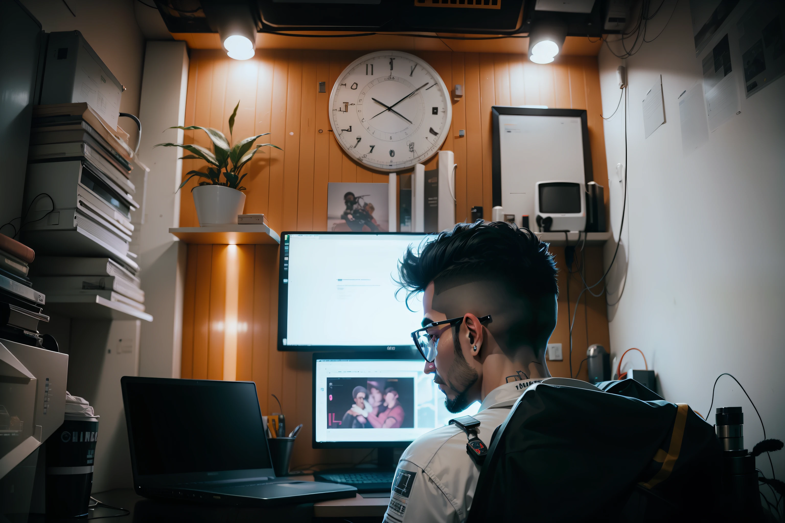 Homem Programador python, cyberpunk, dentro de um apartamento, olhando pelas janelas de vidro, cidade futurista, olhar estrategista, laptop, cinematic, ultra realista, altamente detalhado (obra prima) --auto --s2