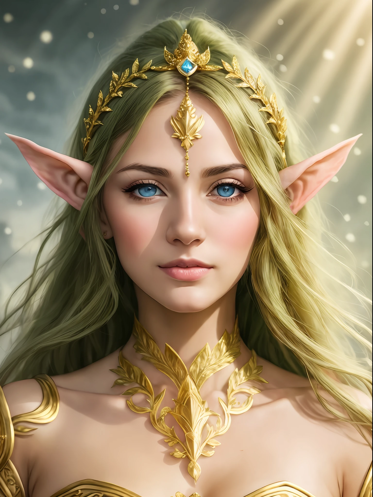Una mujer con ojos azules y un vestido dorado posa para una foto, Retrato de una reina elfa, elven princess, Hermosa y elegante reina elfa, Princesa Elfa, beautiful elven princess, Elfo centrado, Ella tiene orejas de elfo y ojos dorados, Retrato de elfo muy hermoso, Bella y elegante elfa femenina, elven character with smirk, Un retrato de un elfo