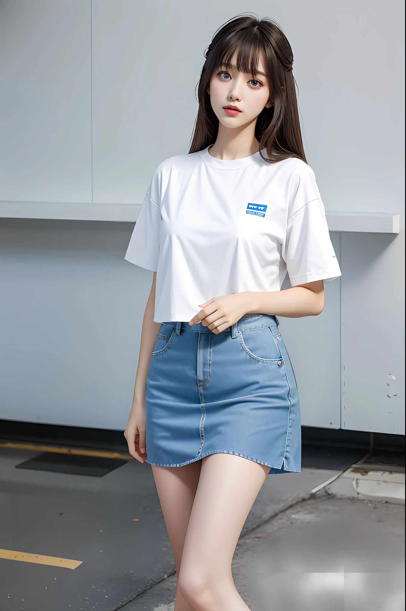 white short sleeve，Light blue strap skirt，(tmasterpiece:1.4),(best qualtiy:1.4), ，Plain white background，Plain white background，Plain white background，, Extremely delicate and beautiful eyes and face, 1girll, are standing, Clothing model, shot, brunette color hair, Look at the audience, 独奏, White sneakers, red color eyes, long whitr hair, , bluntbangs, cg, Unified 8K resolution