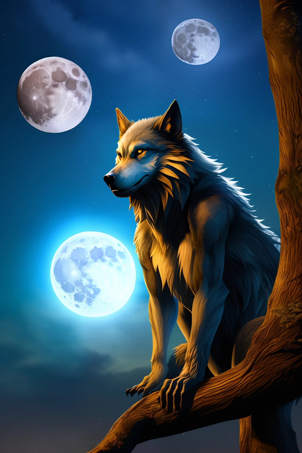 a werewolf sitting against a tree looking at the moon