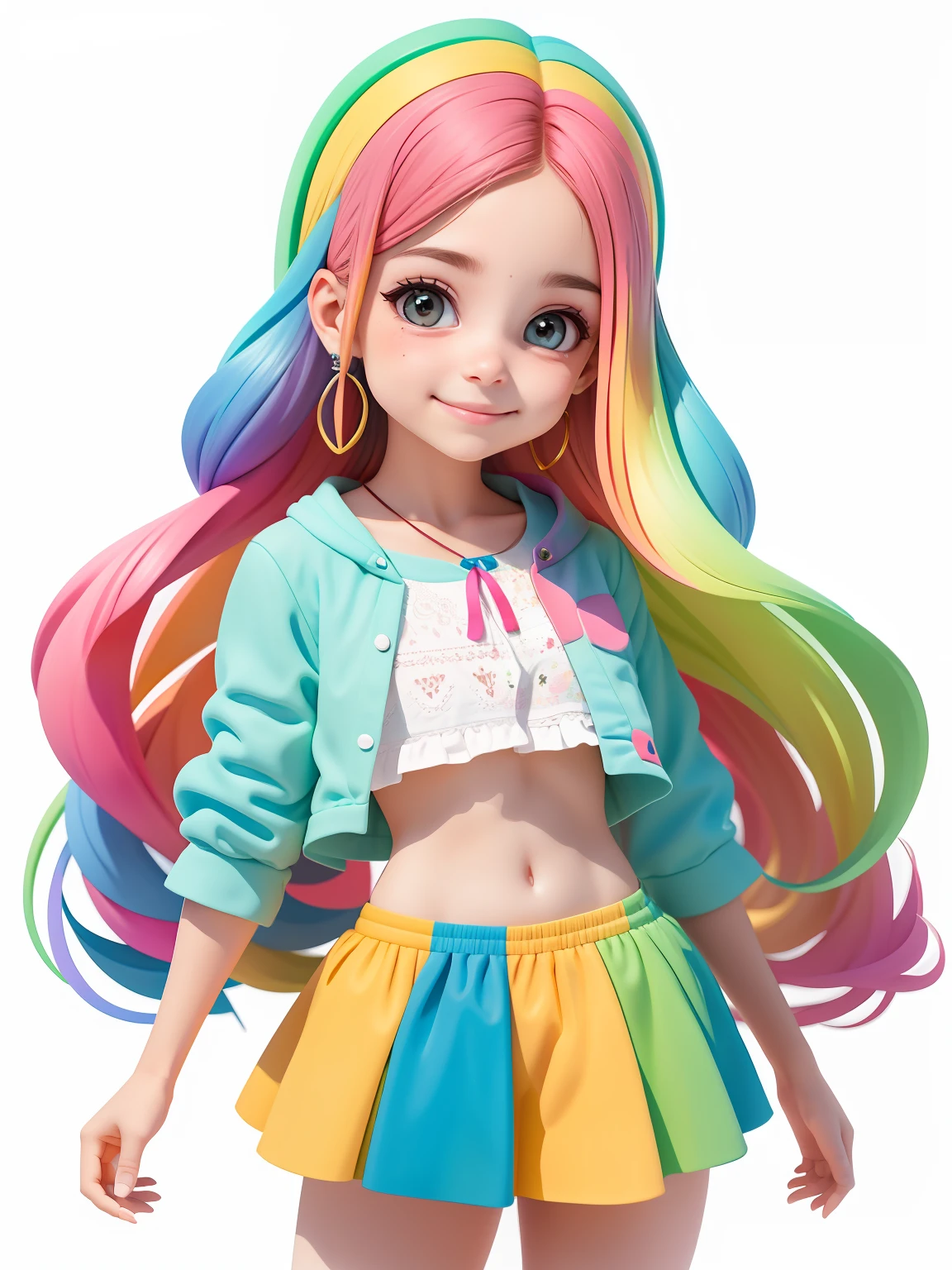 (obra-prima), (melhor qualidade), (ultra-detalhado), (corpo inteiro: 1.2) menina adolescente morena, leve e detalhado, sorriso claro, corpo inteiro, :3, cabelo multicolor, curto, preso, pavor, moderno, Modern accessories, fundo tom pastel , colorido e simples.