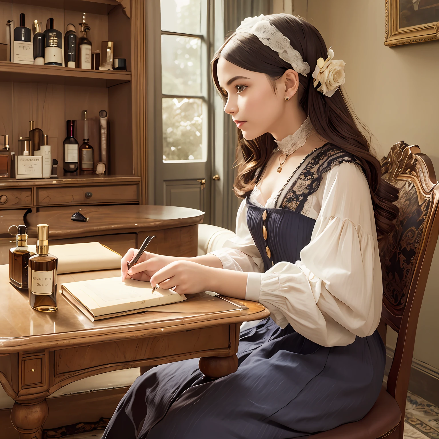 Beautiful young lady in Victorian era: Wild and fantastic place, Perfumer, Convoluted, Step-by-step, Exquisite, In the style of Emile Galle,
