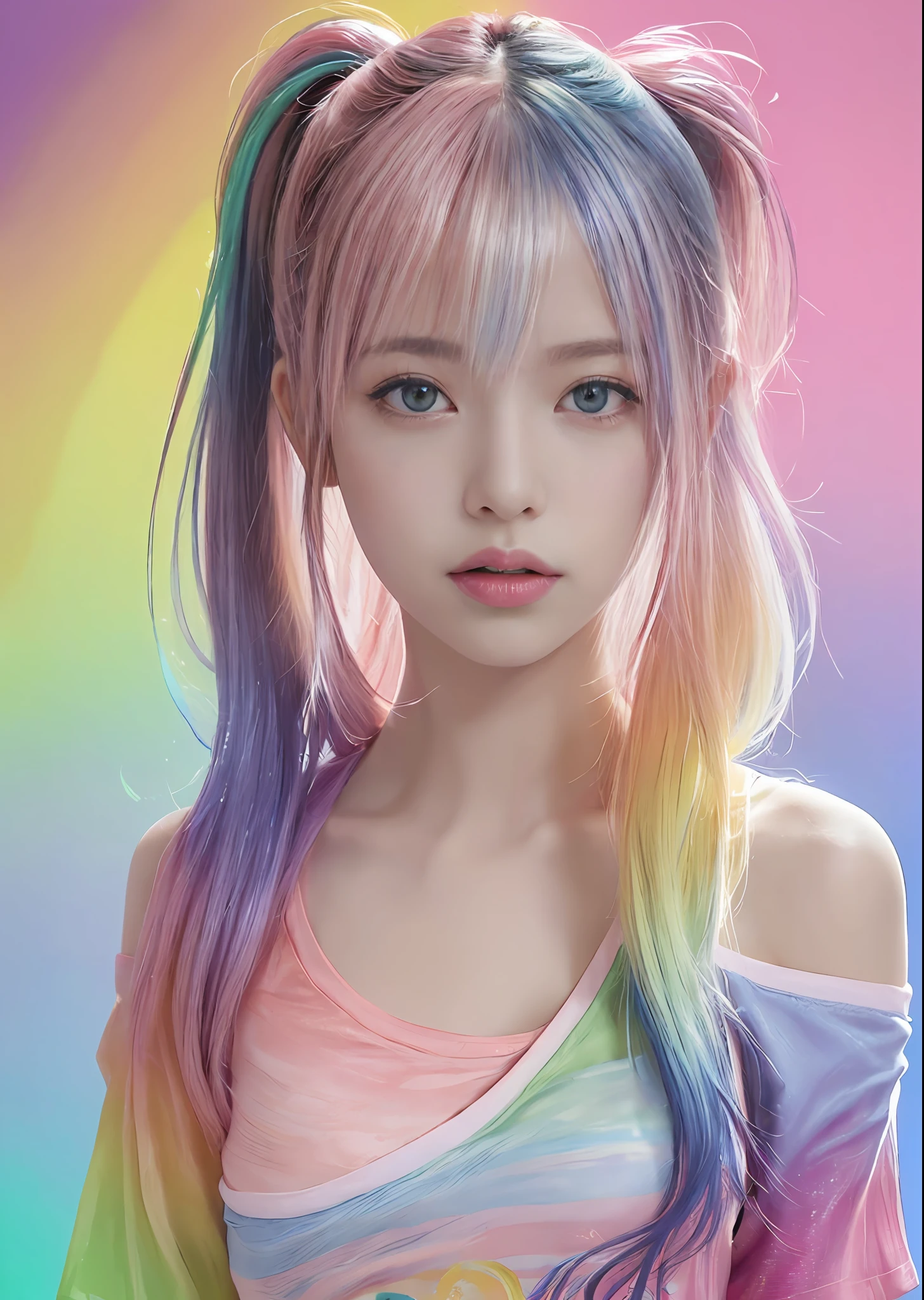 (Pink fashion T-shirt:1.9)、(colourful hair:1.8)、(all the colours of the rainbow:1.8)、((((Vertical Painting:1.6)))、(Painterly:1.6)、frontage、big eye、Sheer eyes、(Iridescent gradient high ponytail:1.7)、Exquisite makeup、Mouth closed、(Small fresh:1.5)、(Wipe Chest:1.6)、long eyeslashes、White off-shoulder T-shirt big watery eyes、(rainbow-colored hair:1.6)、Color explosion, Messy lines, ((Shines)), (colourfull), Chic paint style, (color splashes), Vertical Painting, nsfw、 Paint splashes, Acrylic Pigment, gradients, depth of fields, facepaint, colourful clothes, (elegent: 1.2), Gorgeous,length hair, the wind, (elegent: 1.3), (flower petals:1.4)、(((​masterpiece)))、(((top-quality)))、((ultra-detailliert))、(dynamic ungle)、((Planktonic))、(paint)、((dishevled hair))、(独奏)、((beautifull detailed face))、collars、bare shoulders​、white  hair、((colourful hair))、(((striated hair))、beatiful detailed eyes、(Gradient color eyes)、((cammel toe))、(colorful backdrop))))、((((a high chroma))))、(((Surrounded by colorful splashes)))