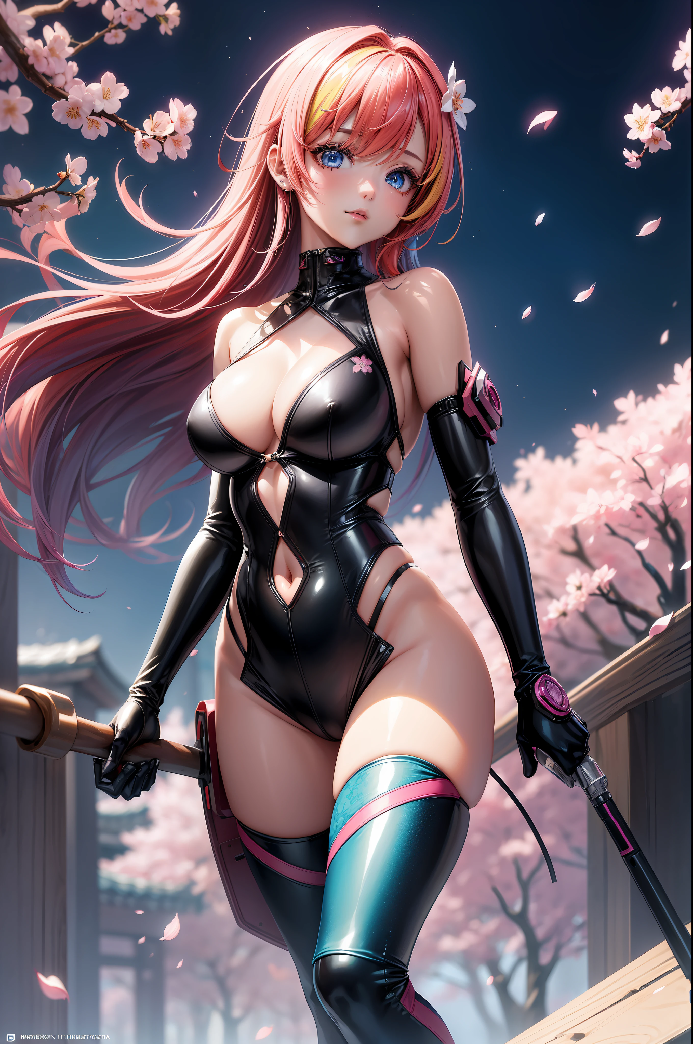 ((Beautiful and cool female torso)), ((Costume with cherry blossom petal motif)), ((Cyberpunk costume with high exposure)), ((Long multicolored hair)), ((Background is another world) )), blue eyes, glitter, artistic, nffsw, retina, masterpiece, accurate, super detailed, high detail, high quality, award winning, highest quality, high definition, 1080p, hard disk, 4K, 8K, 16K