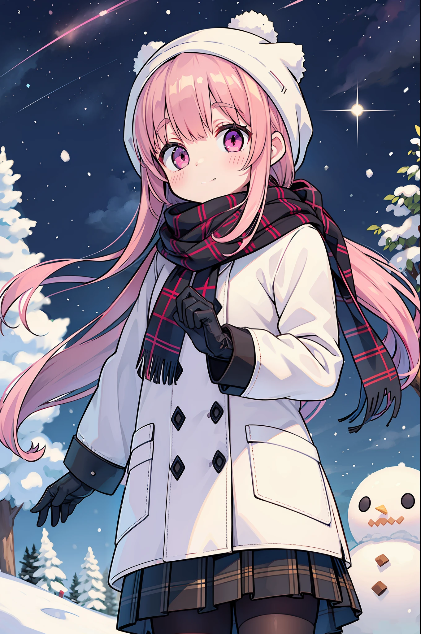 1girl,bangs,bare_tree,black_gloves,black_legwear,black_scarf,blue_scarf,blush,brown_scarf,closed_mouth,cloud,coat,enpera,eyebrows_visible_through_hair,footprints,fringe_trim,gloves,jacket,lake,long_hair,long_sleeves,night,night_sky,outdoors,pantyhose,pink_eyes,pink_hair,plaid_scarf,red_scarf,scarf,shooting_star,sky,smile,snow,snow_bunny,snowing,snowman,solo,space,standing,star_(sky),starry_sky,tree,very_long_hair,virtual_youtuber,winter,winter_clothes,