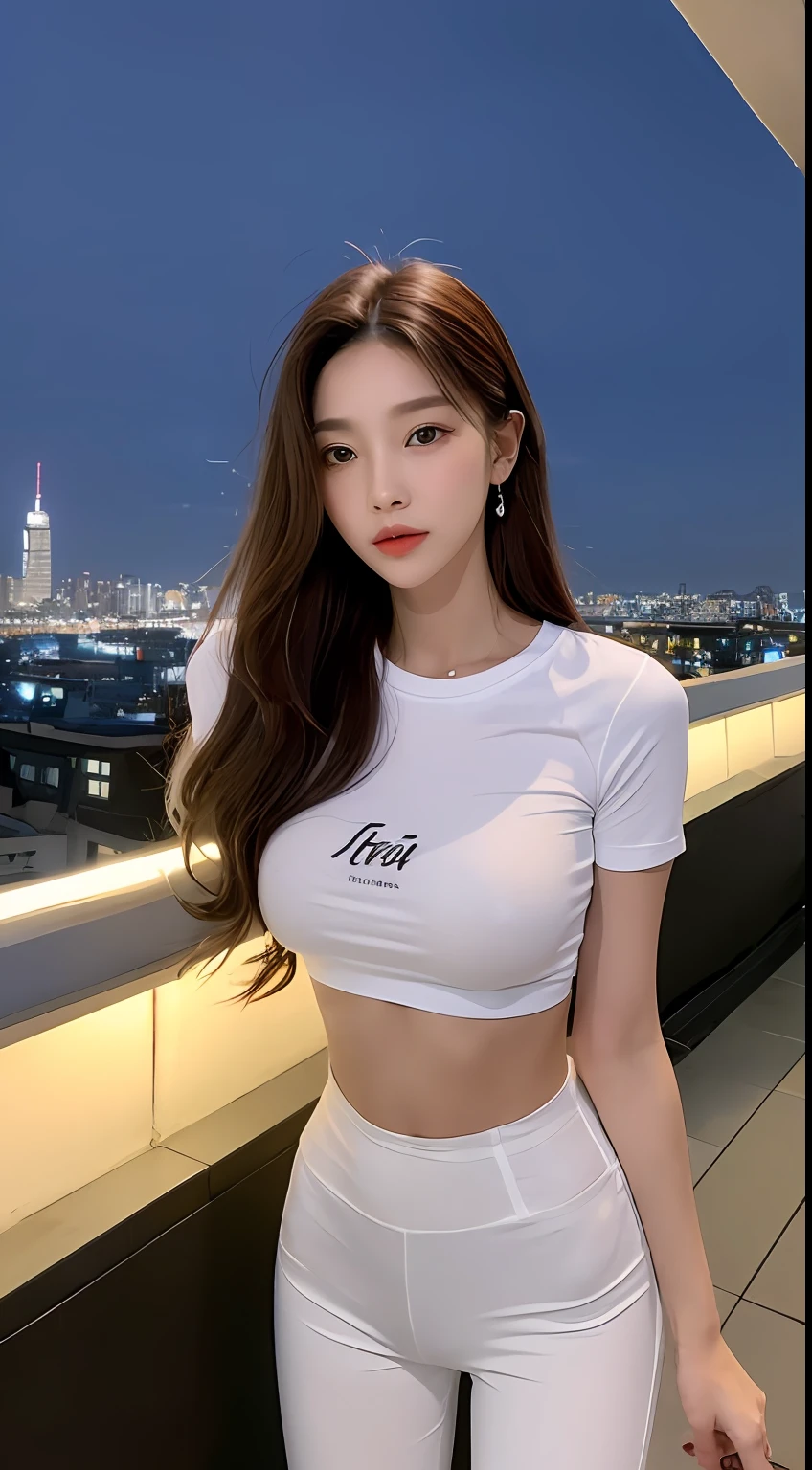 ((Midnight, Best quality, 8k, Masterpiece :1.3)), Whole body, Long legs, Sharp focus :1.2, A pretty woman with perfect figure :1.4, Slender abs :1.1, ((Dark brown hair, Big breasts :1.2)), (White tight tshirt, black workout pants, Standing:1.2), ((Night city view, Rooftop:1.3)), Highly detailed face and skin texture, Detailed eyes, Double eyelid