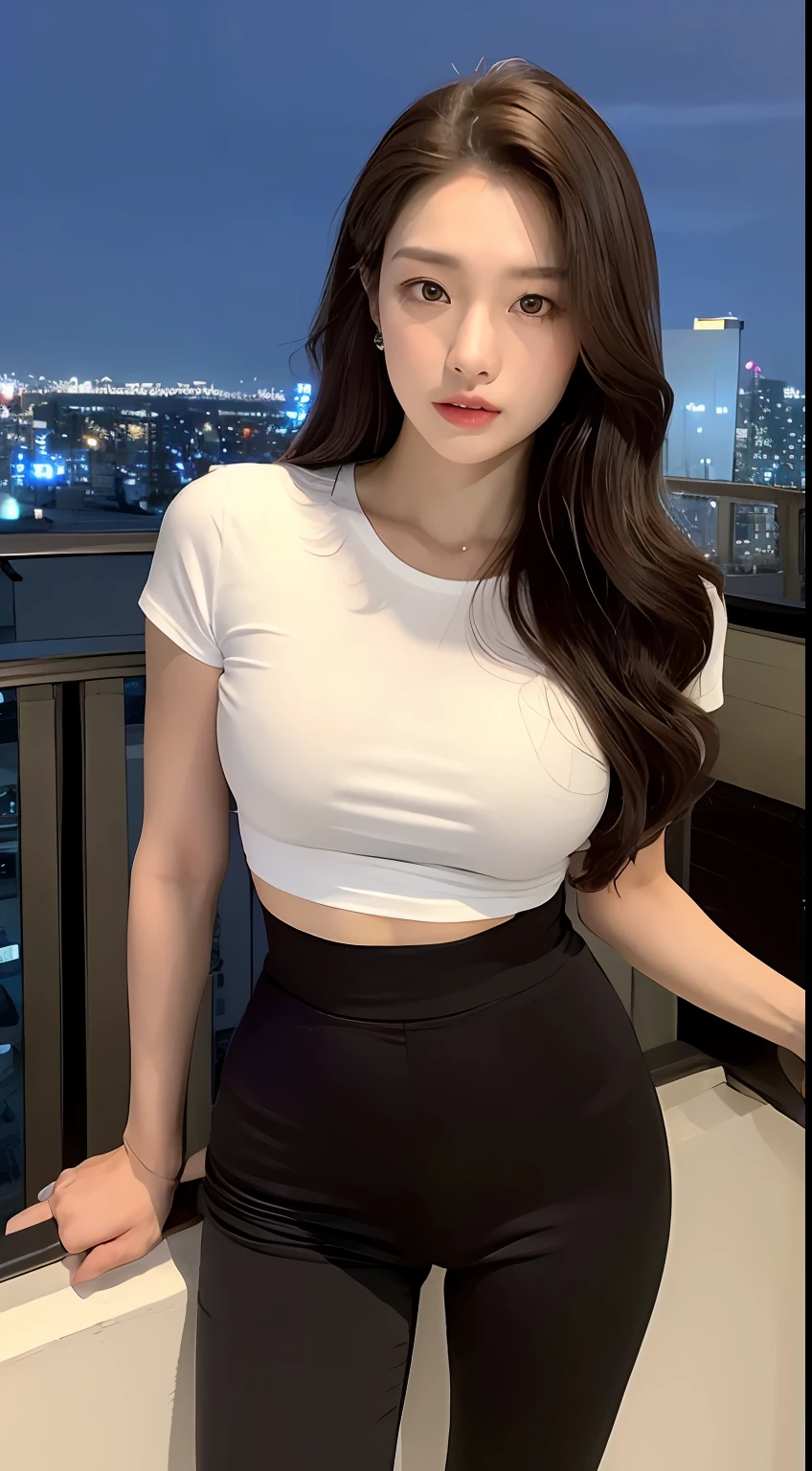 ((Midnight, Best quality, 8k, Masterpiece :1.3)), Whole body, Long legs, Sharp focus :1.2, A pretty woman with perfect figure :1.4, Slender abs :1.1, ((Dark brown hair, Big breasts :1.2)), (White tight tshirt, black workout pants, Standing:1.2), ((Night city view, Rooftop:1.3)), Highly detailed face and skin texture, Detailed eyes, Double eyelid
