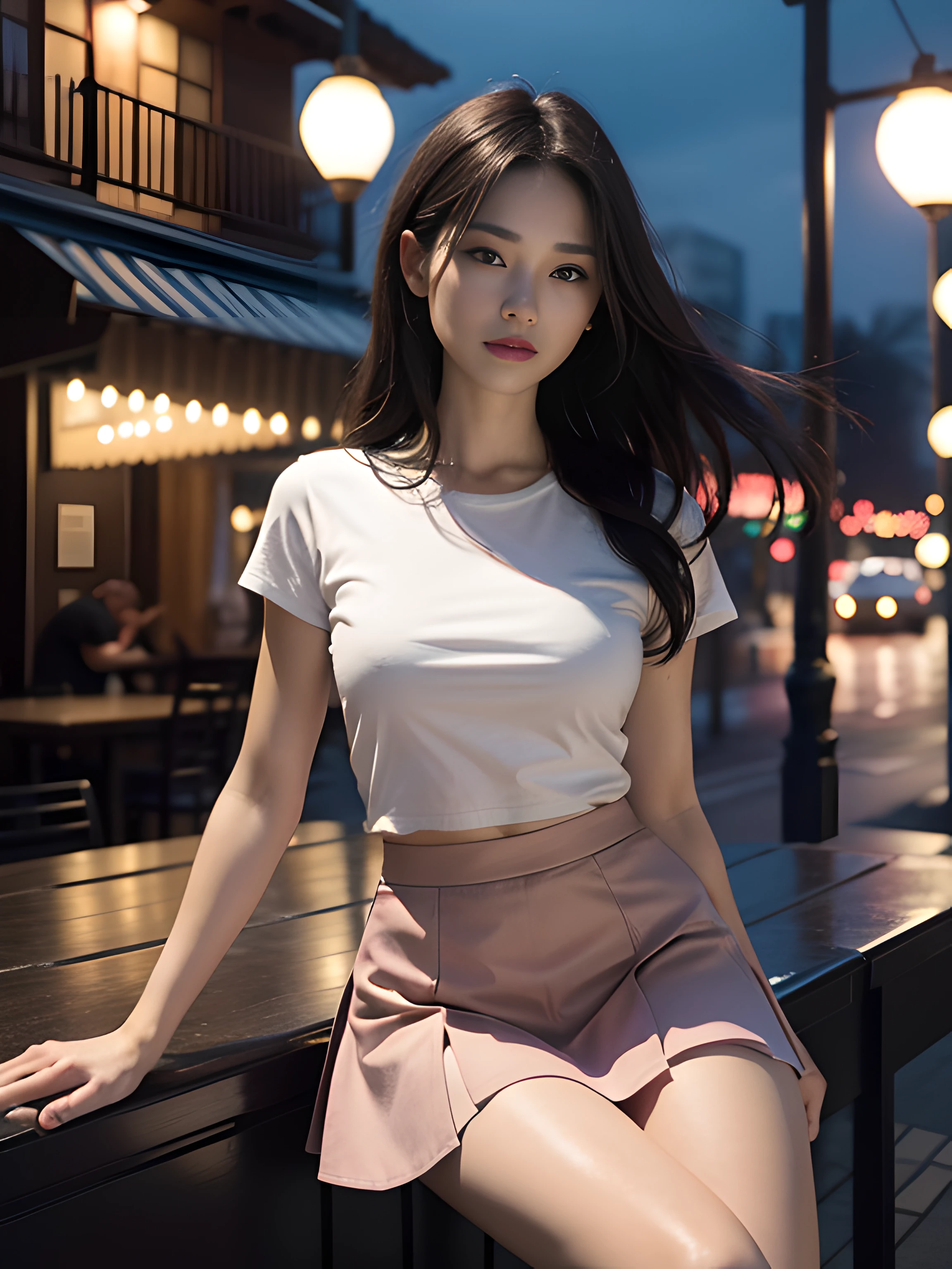 （（midynight， Acura， 8K， tmasterpiece： 1.3））， full bodyesbian， long leges， Focalors： 1.2， perfect figure beautiful woman： 1.4， Slim abs： 1.1， （dark brown  hair，： 1.2 ））， （Pink skinny T-shirt， short  skirt，sitting on a stool： 1.2）， （city night scene， the roof： 1.3））， Highly Detailed Face and Skin Textur， detailedeyes， 二重まぶた，