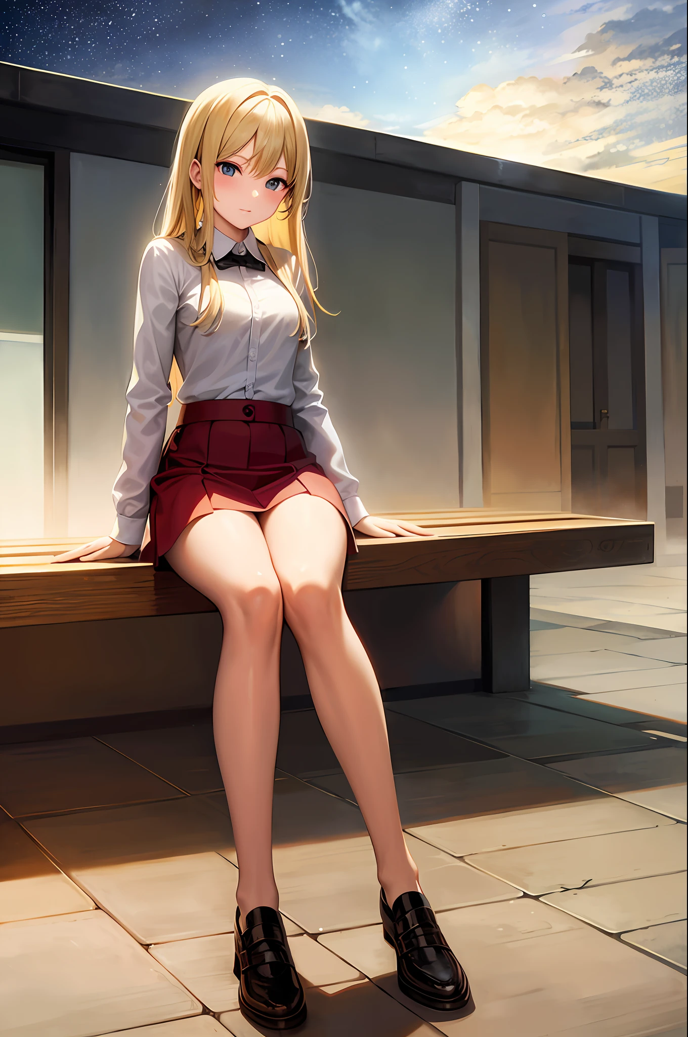 tmasterpiece,blond hairbl,1 girl,nigh sky,benches,sitted,long leges