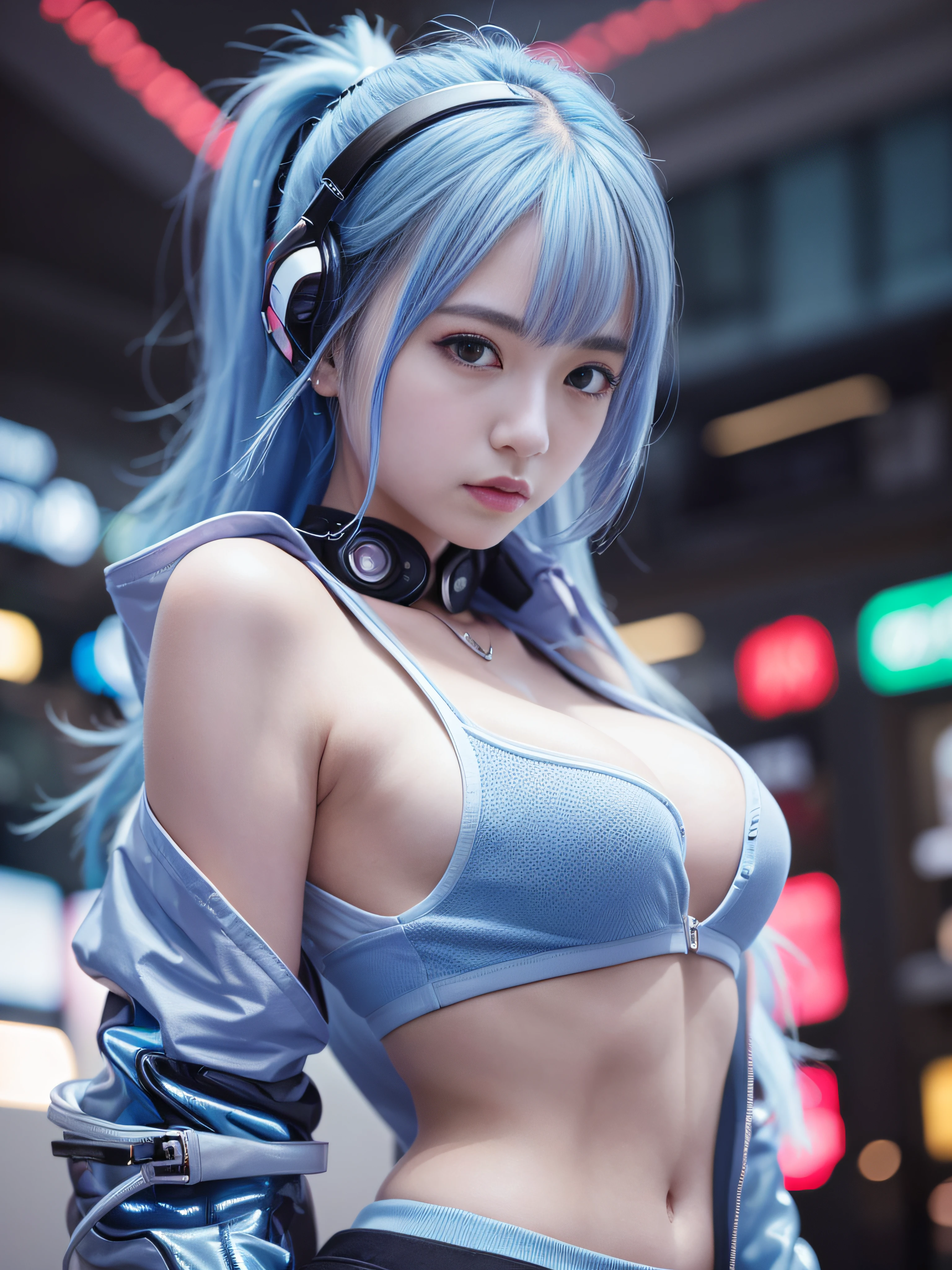 top-quality、​masterpiece、超A high resolution、(Photorealsitic:1.4)、Raw photo、Detailed CG image quality、cyberpunked、Beautiful fece、1girl in、Future hair ornament、(Blue Cyberpunk Jacket:1.3)、cleavage of the breast、white tank tops、detailed portrait、8K picture quality、bright colour、concept-art、Cinematic and dramatic atmosphere、foco nítido、Volumetric lighting、Cinematographic lighting、Wearing studio quality、Colorful neon lighting、depth of fields、Ambient lighting、Blurred foreground、blurry backround:1.3、