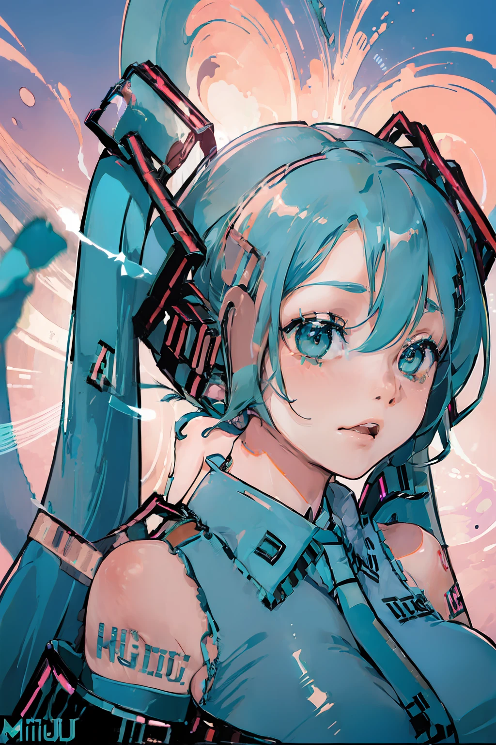 ((Big breasts Hatsune Miku:1.5)bust,brilliant colorful,Irridescent color)