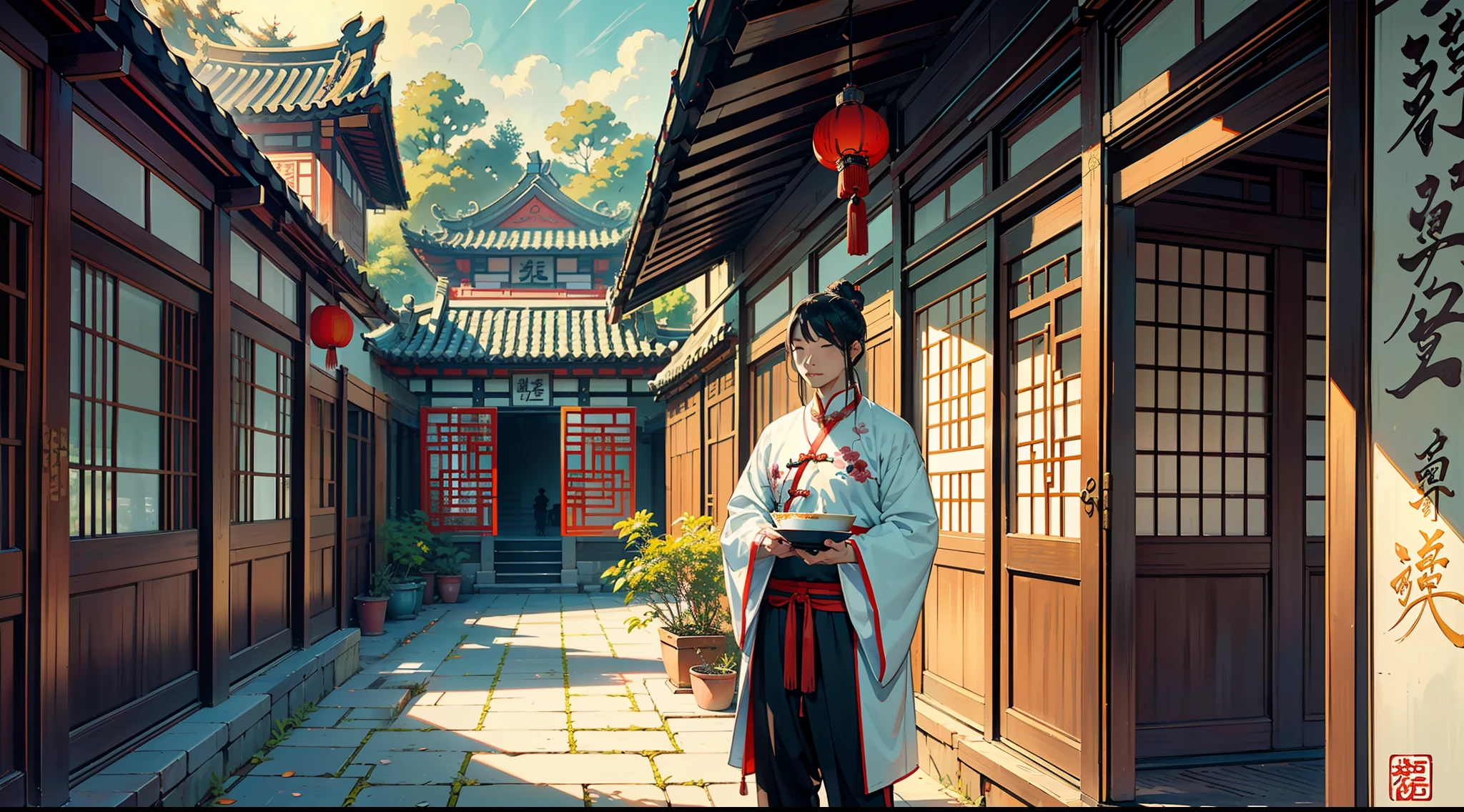 A man wearing a traditional Chinese Hanfu stands in a courtyard of a traditional Chinese quadrangle, with an evil smile on his face. (traditional Chinese painting style: 1.2), (fine brushwork: 1.1), (vibrant colors: 1.2), (dramatic lighting: 1.3), (ink wash: 1.1), (intricate details: 1.2), (subtle textures: 1.1), (traditional Chinese calligraphy: 1.1), (ancient Chinese architecture: 1.2), (traditional Chinese cultural elements: 1.3)