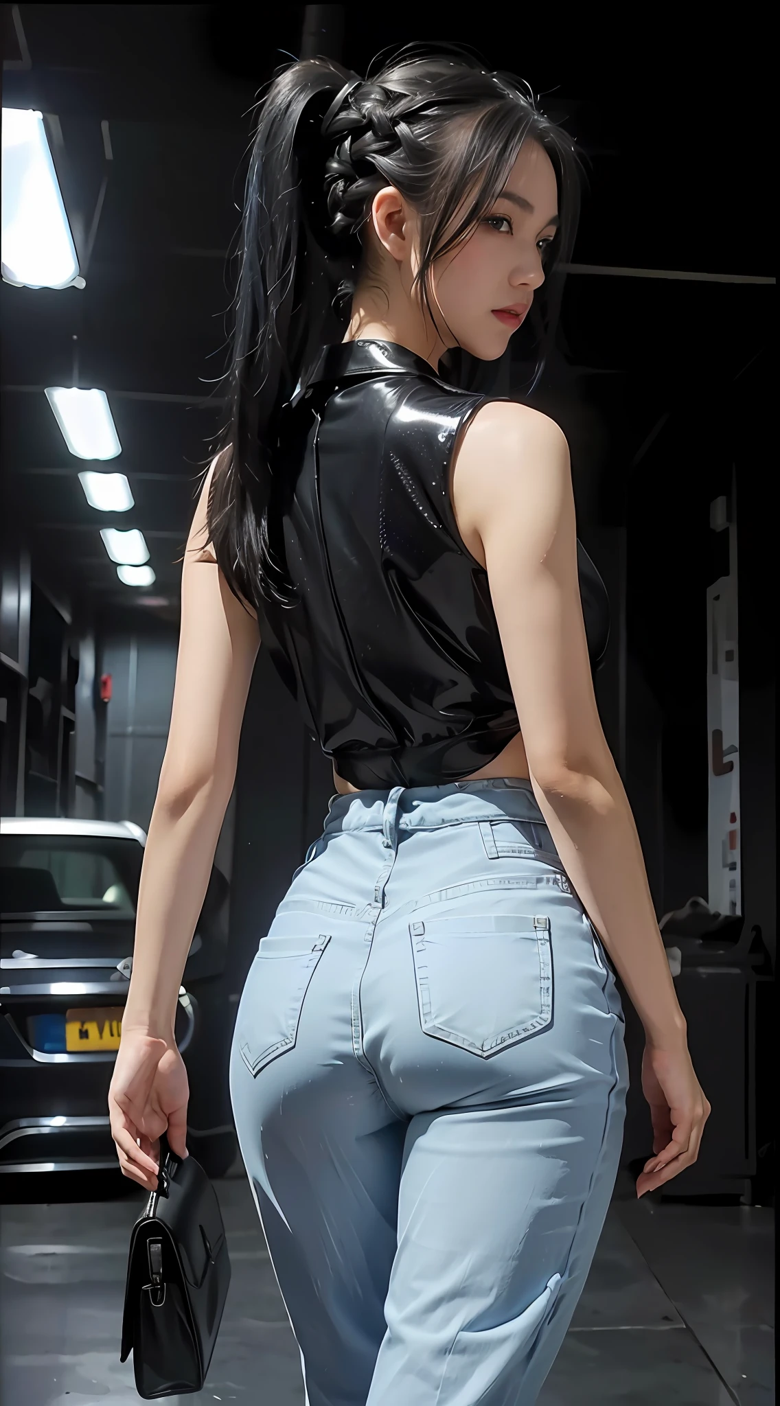 black hair, blue hair, braided ponytail, Surrealism, Op art, Realism, sparkle, Fujicolor, 8k, super detail, UHD, retina, ccurate, anatomically correct, textured skin, super detail, high details, high quality, award winning, best quality, highres, 1080P, HD, 4K, 8k, 16k