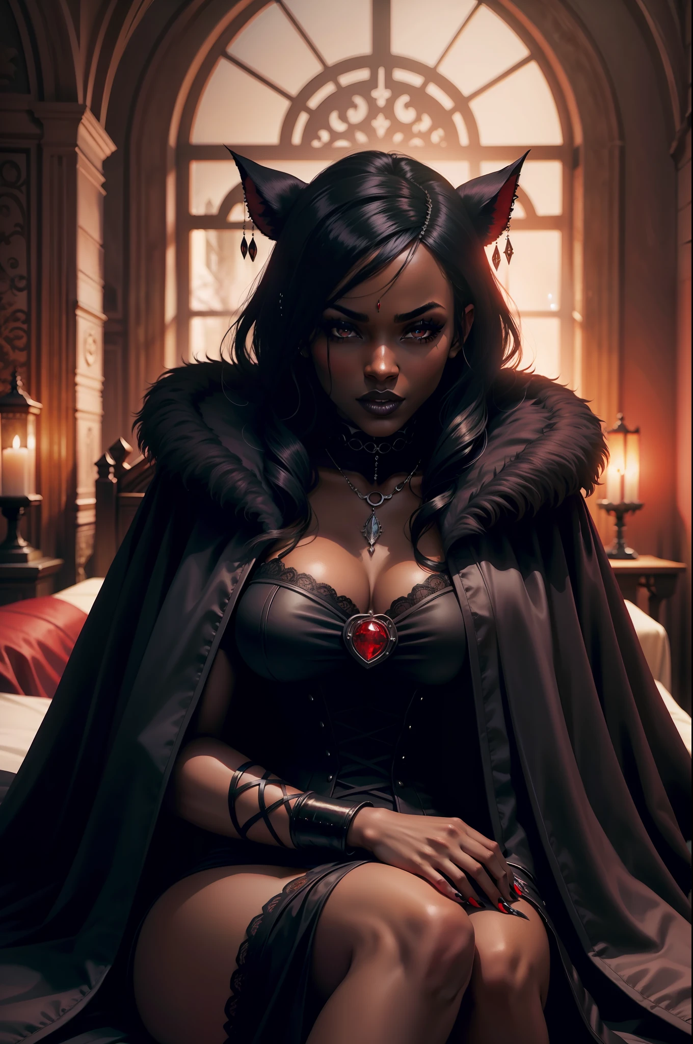 Ebony Vamp wearing black dress and a red fur coat, beautiful (dark skin), cinematic lighting, sitting on a gothic castle bed, horror