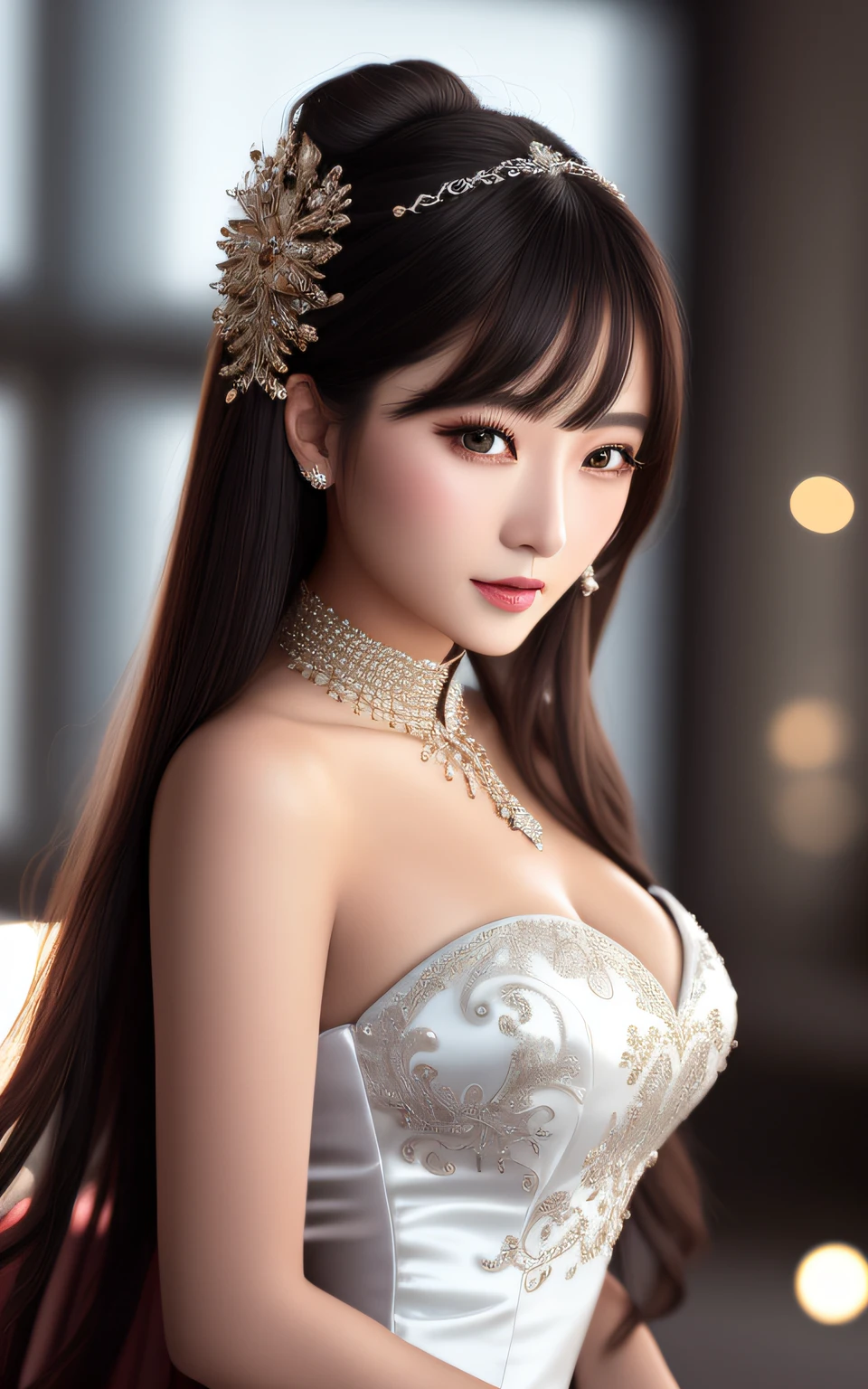 best qualtiy, tmasterpiece, A high resolution, 1girll,Chinese wedding dress,hair adornments,choker necklace,jewely,beauitful face,Straight breasts(Bigchest),Tyndall effect,realisticlying,Dark Studio,edge lit,twotonelighting,(highdetailskin:1.2),8K Ultra HD,digital SLR camera,gentle illumination,high high quality,Volumetriclighting,Frankness,photore,A high resolution,4K,8K,Bokeh