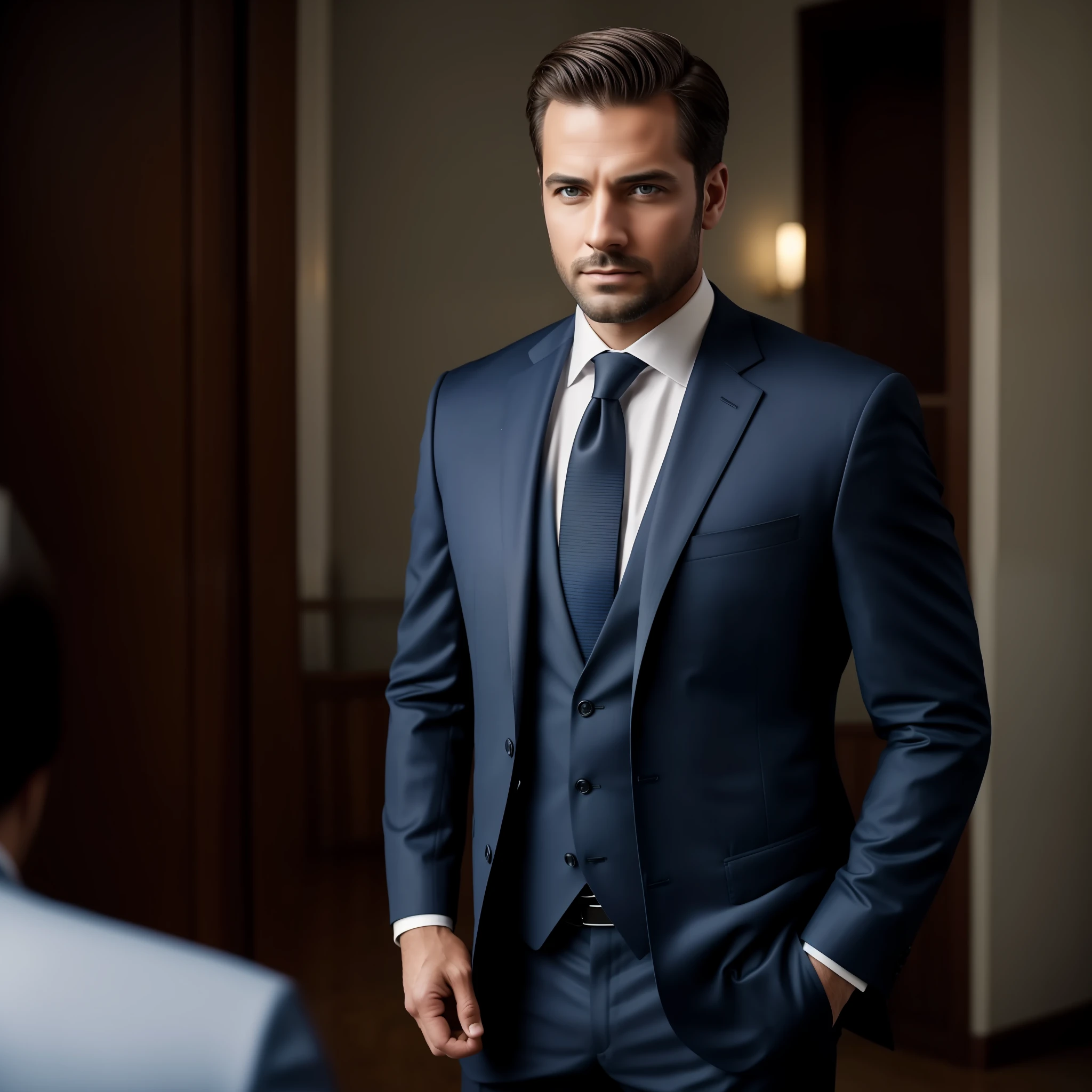 a Man standing with 30 years in suit and tie, body and head straight in the photo, facing the viewer of the photo, eyes fixed to the lens, appears shoulders and head in the photo, man centered in the photo, 8k, best quality, masterpiece, realistic, realistic photo, movie photo, ultra realistic, 1 person, detailed, perfect lighting, DSRL, professional photo, 4k