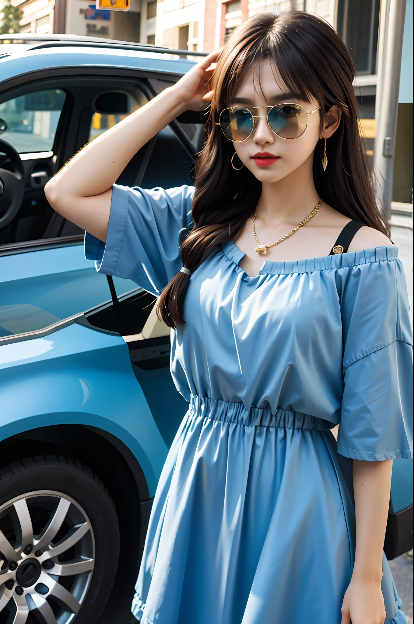 （Movie Angle：1.2），streetview，（one-girl，sun glasses，Summer dress），（best qualtiy，the detail，tmasterpiece，offcial art，movie light effect，4k）