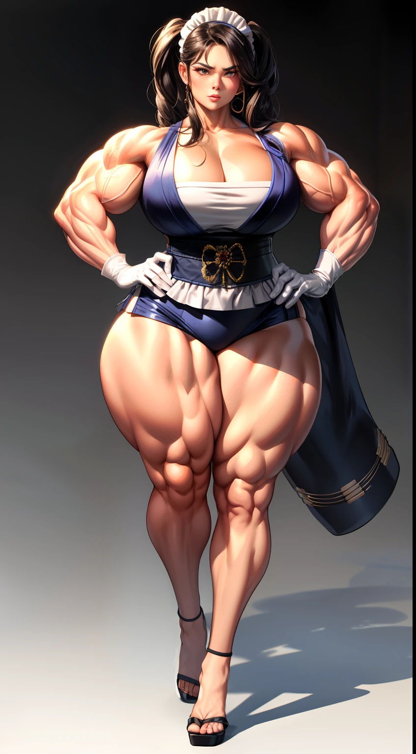 tmasterpiece，Best quality at best，Burly woman，Exaggerated large muscles，Japanese-style maid outfit，stocklings，high-heels，White gloves，Full body like，Beautiful and charming face， Single female，Thin waist，Very broad shoulders, Strong and powerful arms，Strong and powerful leg muscles，thick calf，long leges