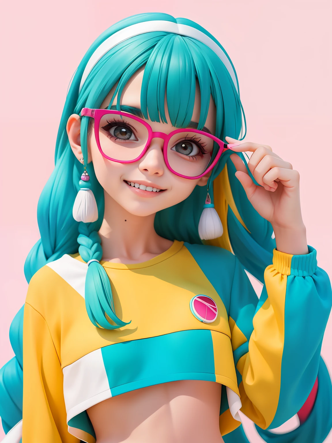 (obra-prima), (melhor qualidade), (ultra-detalhado), (corpo inteiro: 1.2) menina adolescente morena, eyeglass, leve e detalhado, sorriso claro, corpo inteiro, :3, cabelo multicolor, curto, preso, pavor, moderno, Modern accessories, fundo tom pastel , colorido e simples.