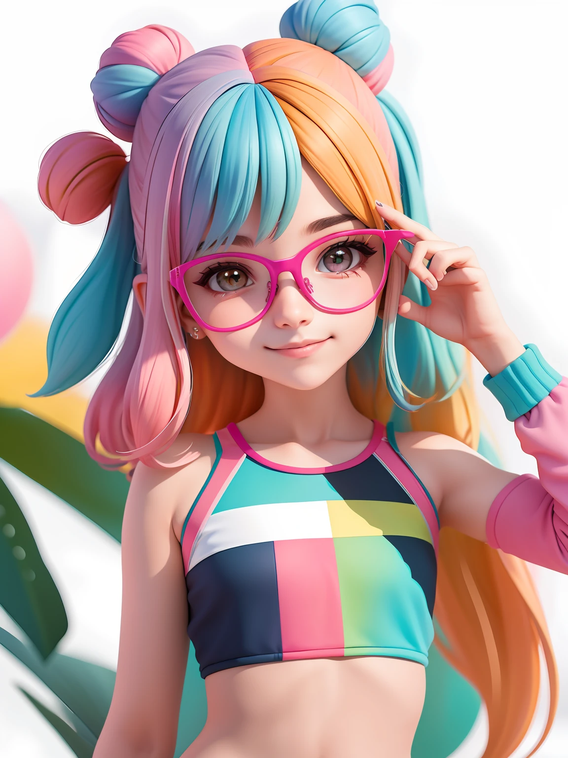 (obra-prima), (melhor qualidade), (ultra-detalhado), (corpo inteiro: 1.2) menina adolescente morena, eyeglass, leve e detalhado, sorriso claro, corpo inteiro, :3, cabelo multicolor, curto, preso, pavor, moderno, Modern accessories, fundo tom pastel , colorido e simples.