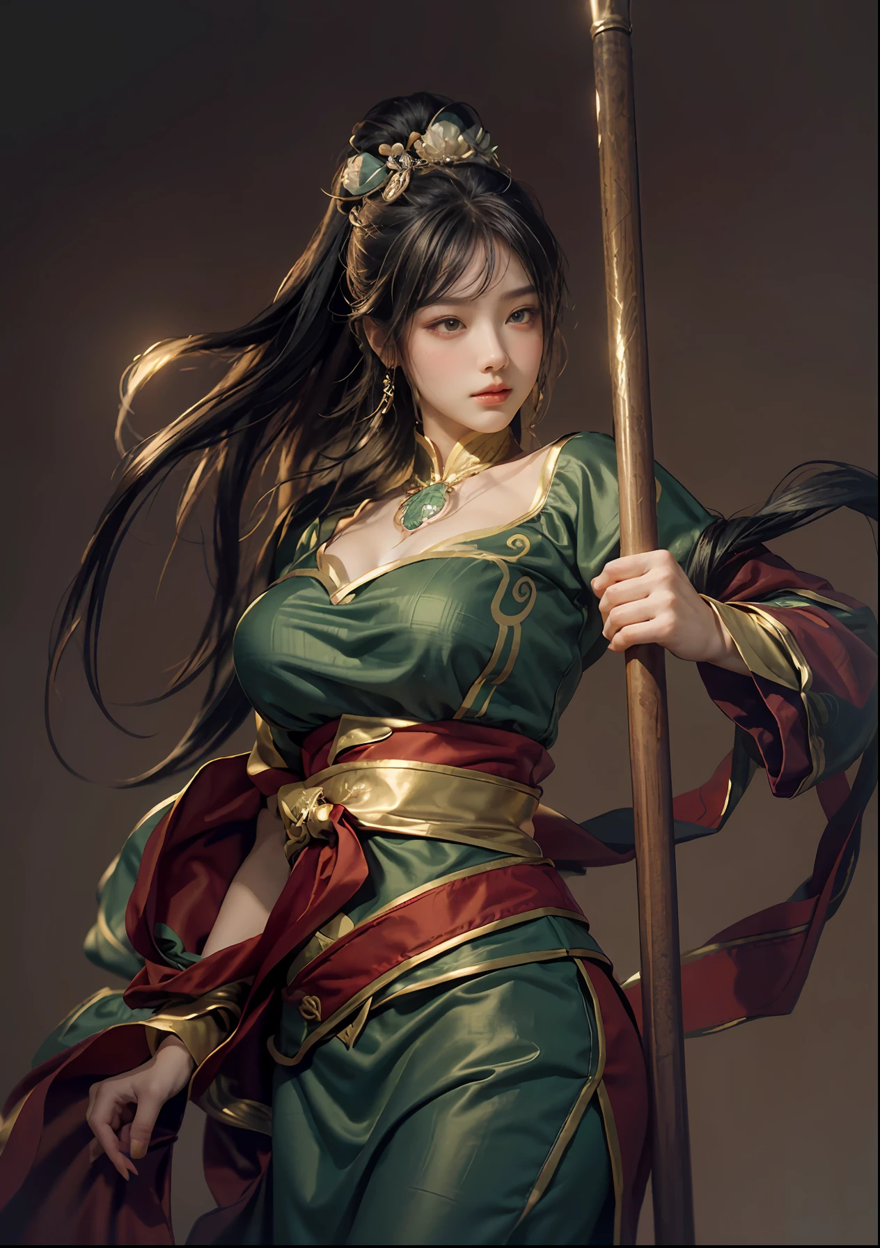 Art depicts a charming woman,Dressed in a flowing manner、Silky traditional oriental dress,green color,Decorated with intricate patterns and bright colors。Her dress draped elegantly over her curvy figure,Highlights her seductive silhouette。She stood gracefully in the quiet moonlit night,bathed in the soft glow of the moonlight。The scene exudes an ethereal and dreamy atmosphere,With a touch of mystery and sexiness。The image style incorporates watercolor and digital illustration techniques,It evokes a refined beauty and charm。The lights are filled with soft moonlight,casting soft highlights and shadows on her charming features。Bare thighs,Bigchest