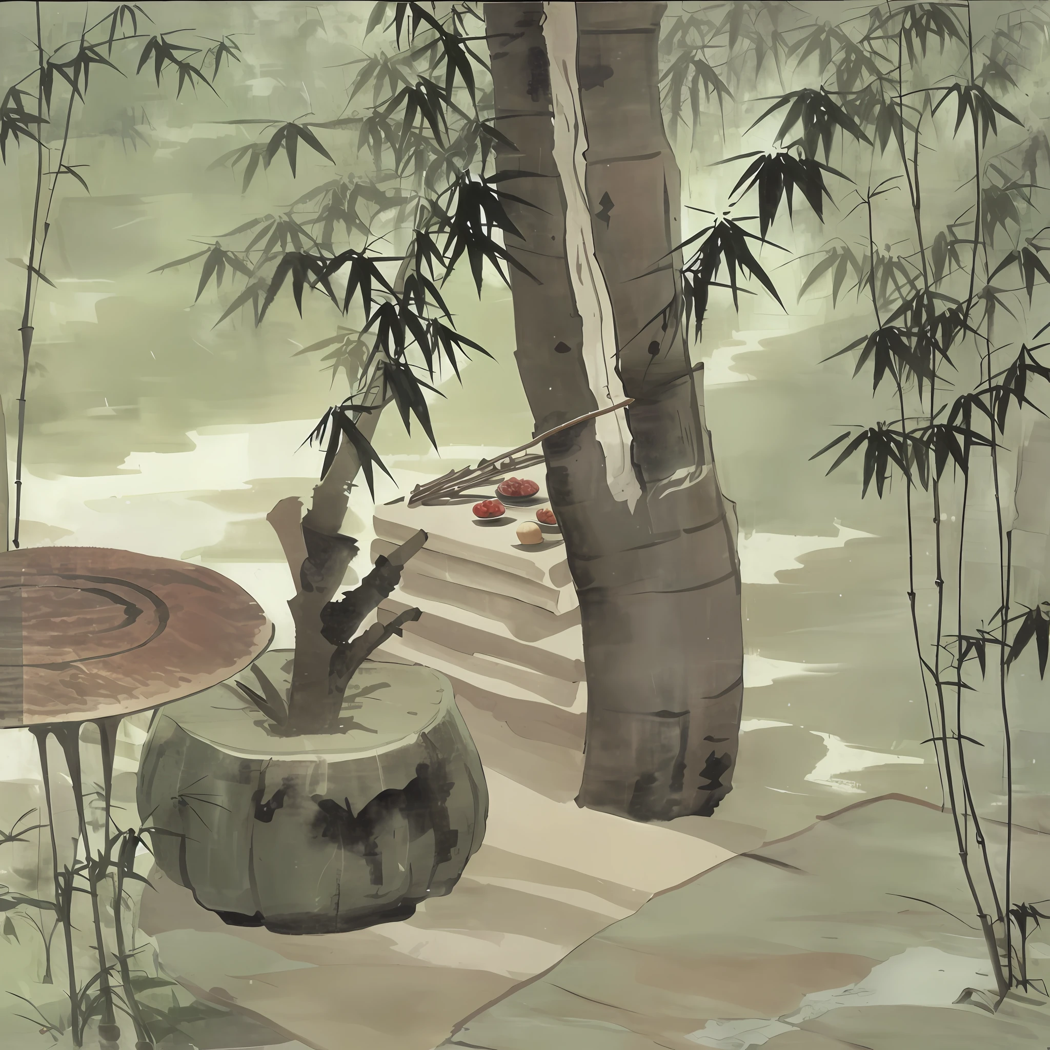 In a secluded bamboo forest,In the middle is a stone table,On the stone table is a bamboo flute,NOhumans