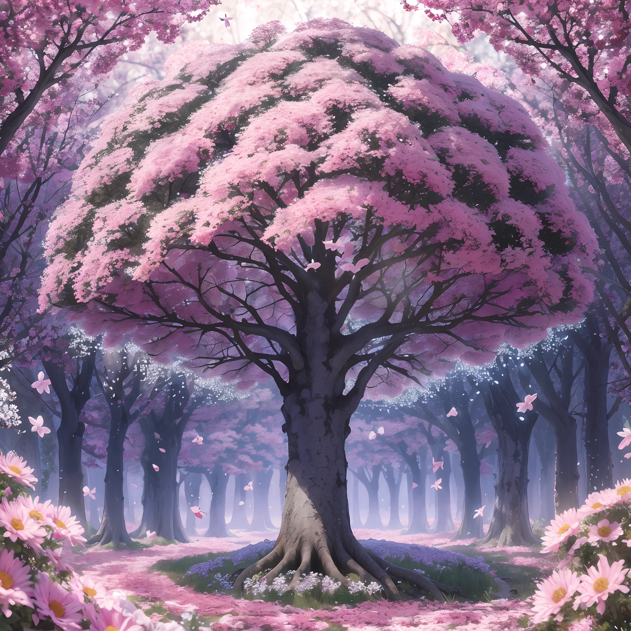 A painting of a tree with pink flowers in the middle of a forest, Bosque de cerezos en flor, fantasy tree, magic tree, Detailed trees in bloom, Cerezo en flor, Cerezo en flor, breath-taking beautiful trees, breath - taking beautiful trees, Great magical trees, Anime Lush John 8K Woods, Arte detallado de alta calidad 8K, A beautiful tree