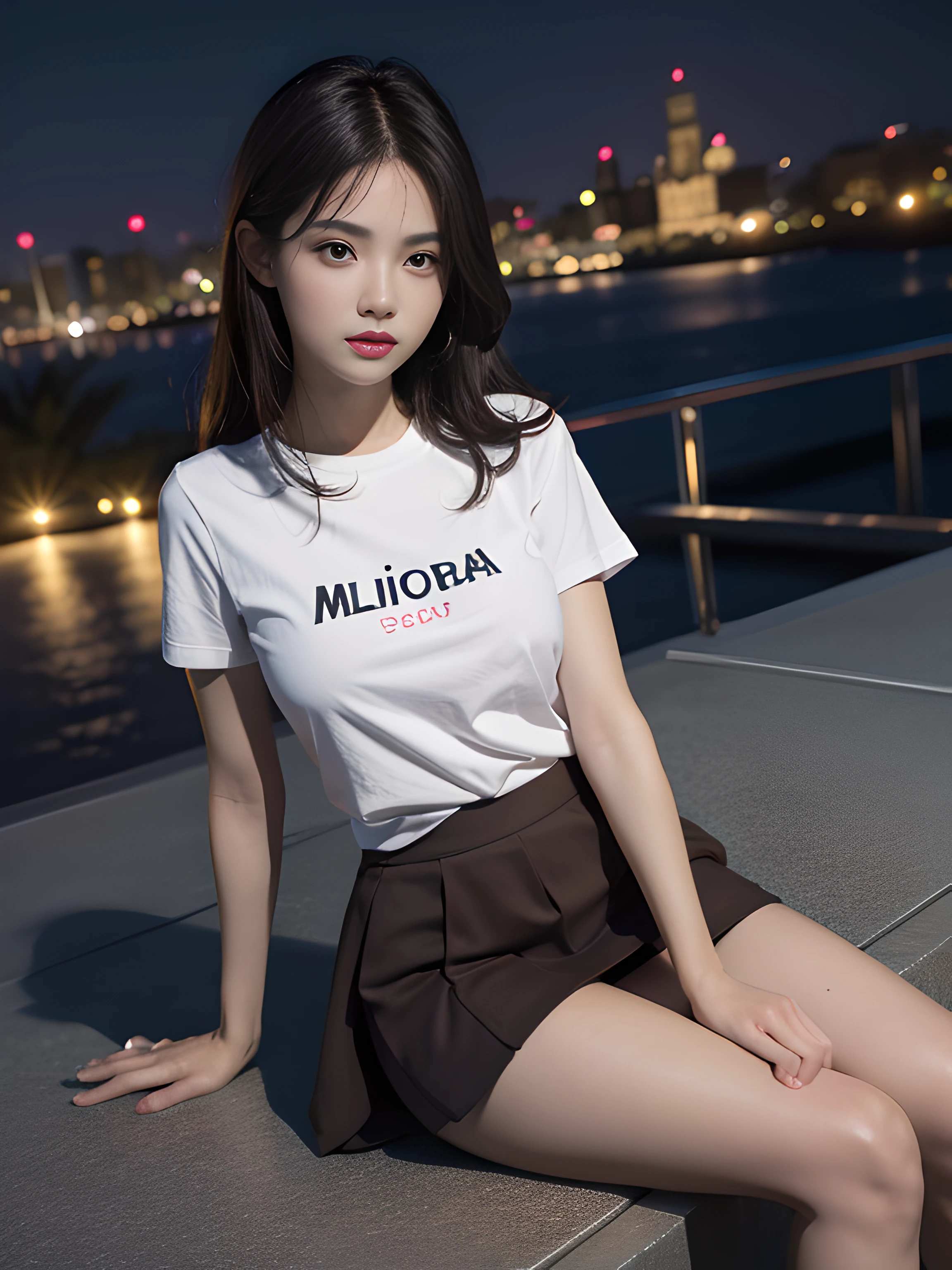 （（midynight， Acura， 8K， tmasterpiece： 1.3））， full bodyesbian， long leges， Focalors： 1.2， perfect figure beautiful woman： 1.4， Slim abs： 1.1， （dark brown  hair，： 1.2 ））， （Pink skinny T-shirt， short  skirt，sitting on a stool： 1.2）， （city night scene， the roof： 1.3））， Highly Detailed Face and Skin Textur， detailedeyes， 二重まぶた，