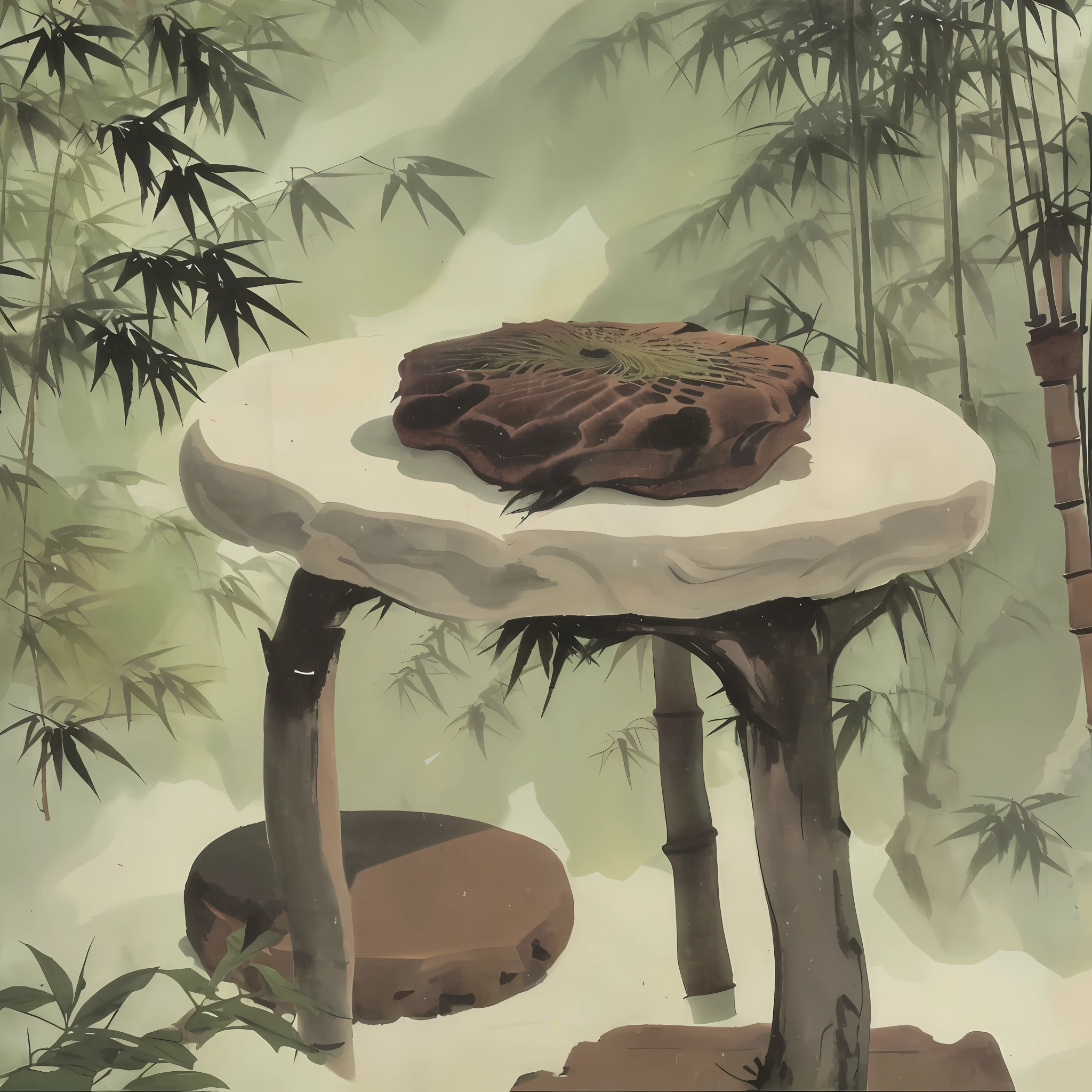 In a secluded bamboo forest，In the middle is a stone table，On the stone table is a bamboo flute，NOhumans