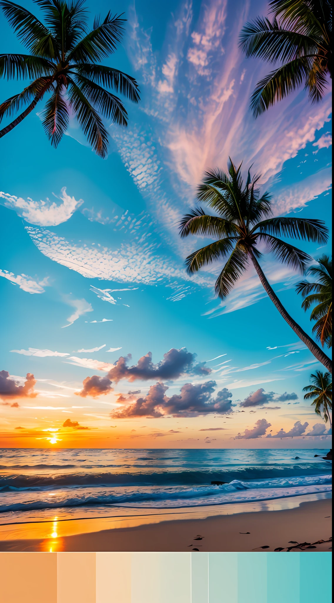 Create a 4K 9:16 image that depicts a stunning sunrise on a tropical beach, with gentle waves and palm trees along the coast. The color palette should be vibrant and convey a sense of renewal and positive energy.
