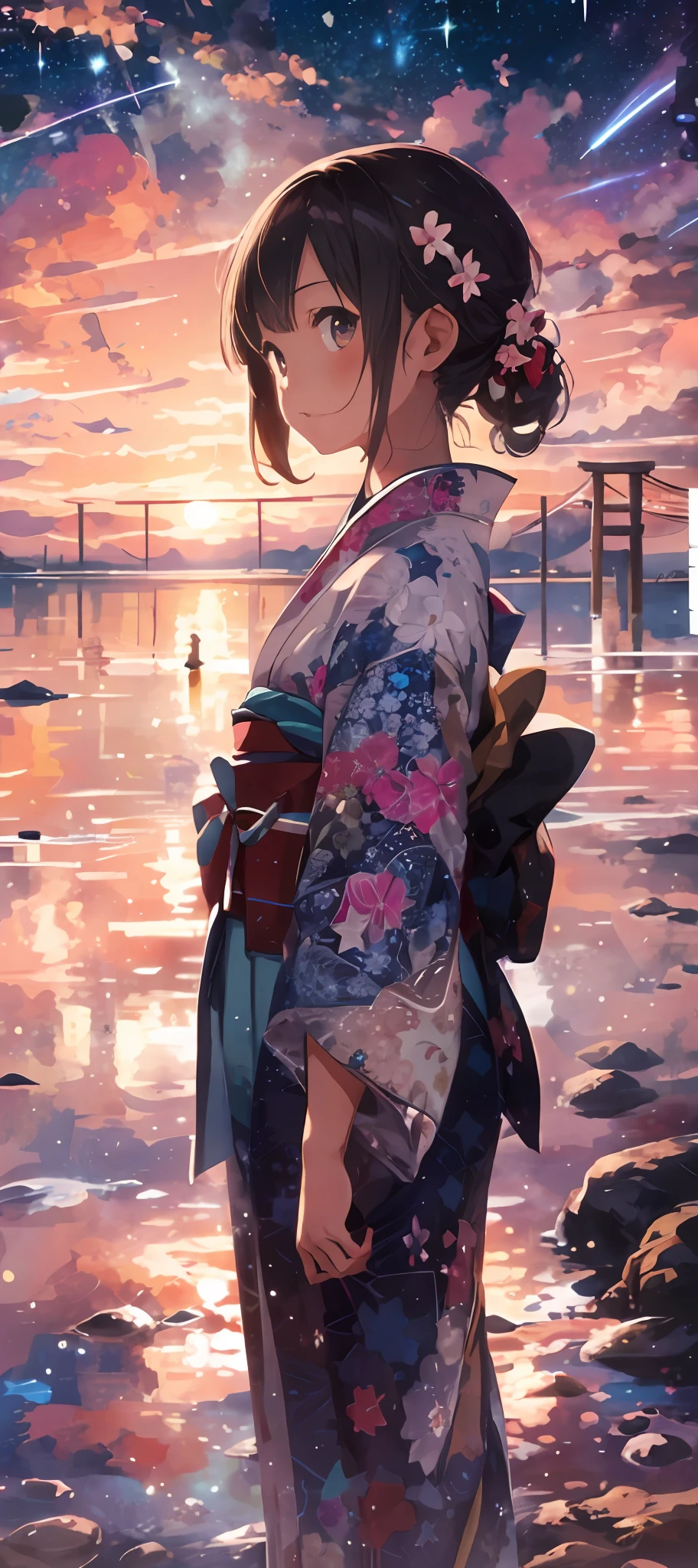 1girl, a distant girl kiss girl in a kimono gazing at the stars, (zoomed: 1.1), (meteor shower: 1.2), (comet: 1.1), your name, low angle, from behind, Northern Lights, meteors, yukata, red kimono, cherry blossoms, standing in the field, best quality, masterpiece, clouds, colorful, starry, stars,
