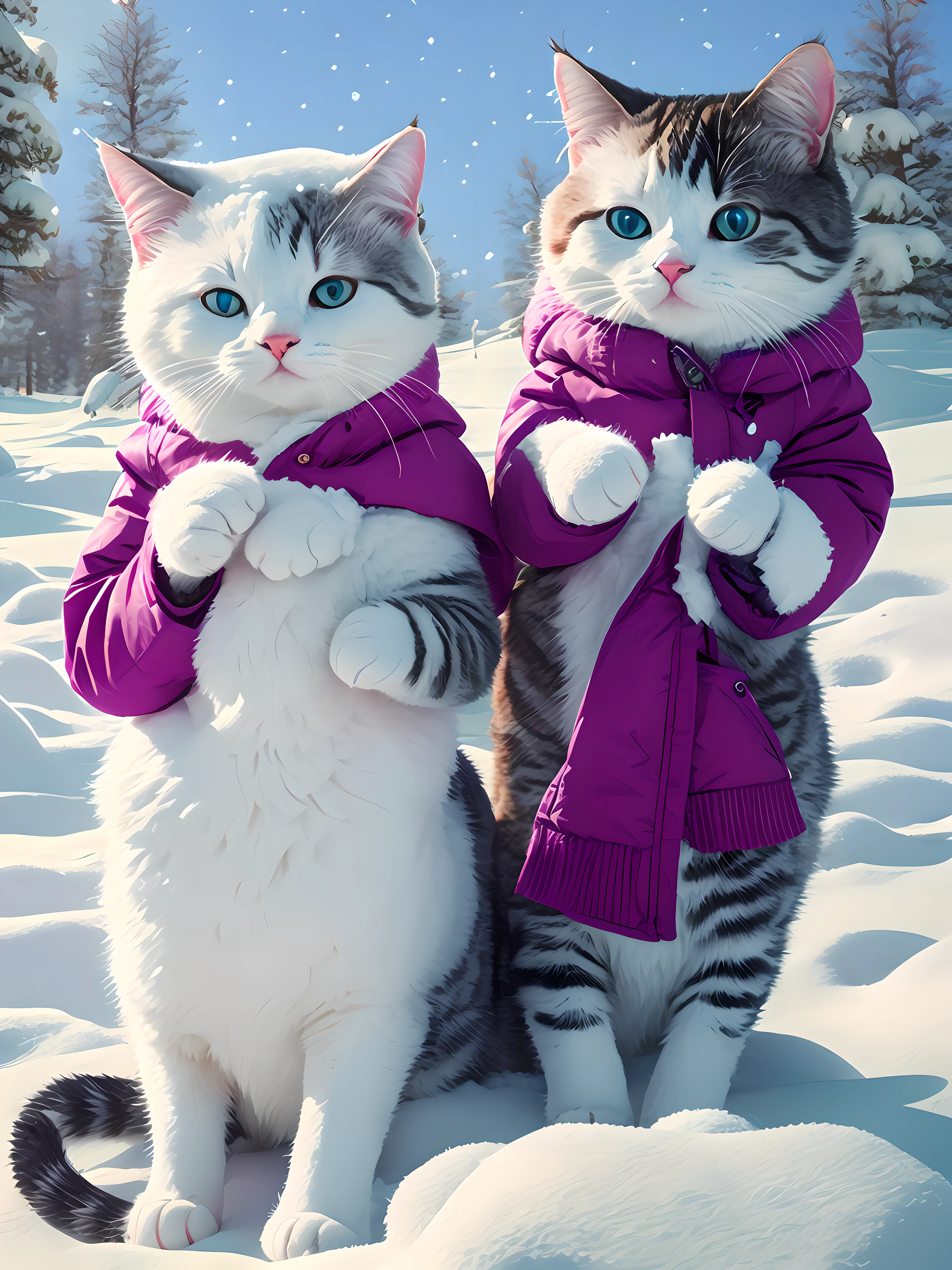 There are two cats sitting in the snow wearing coats, two headed cat, Cute cats, Two cats, Sergey Svyachenko, blanketed in a mantle of snow, sergey zabelin, highly realistic photograph, photography alexey gurylev, alexander abdulov, mitts, identical picture, real-life tom and jerry, Snow, author:Alexei Venezyanov