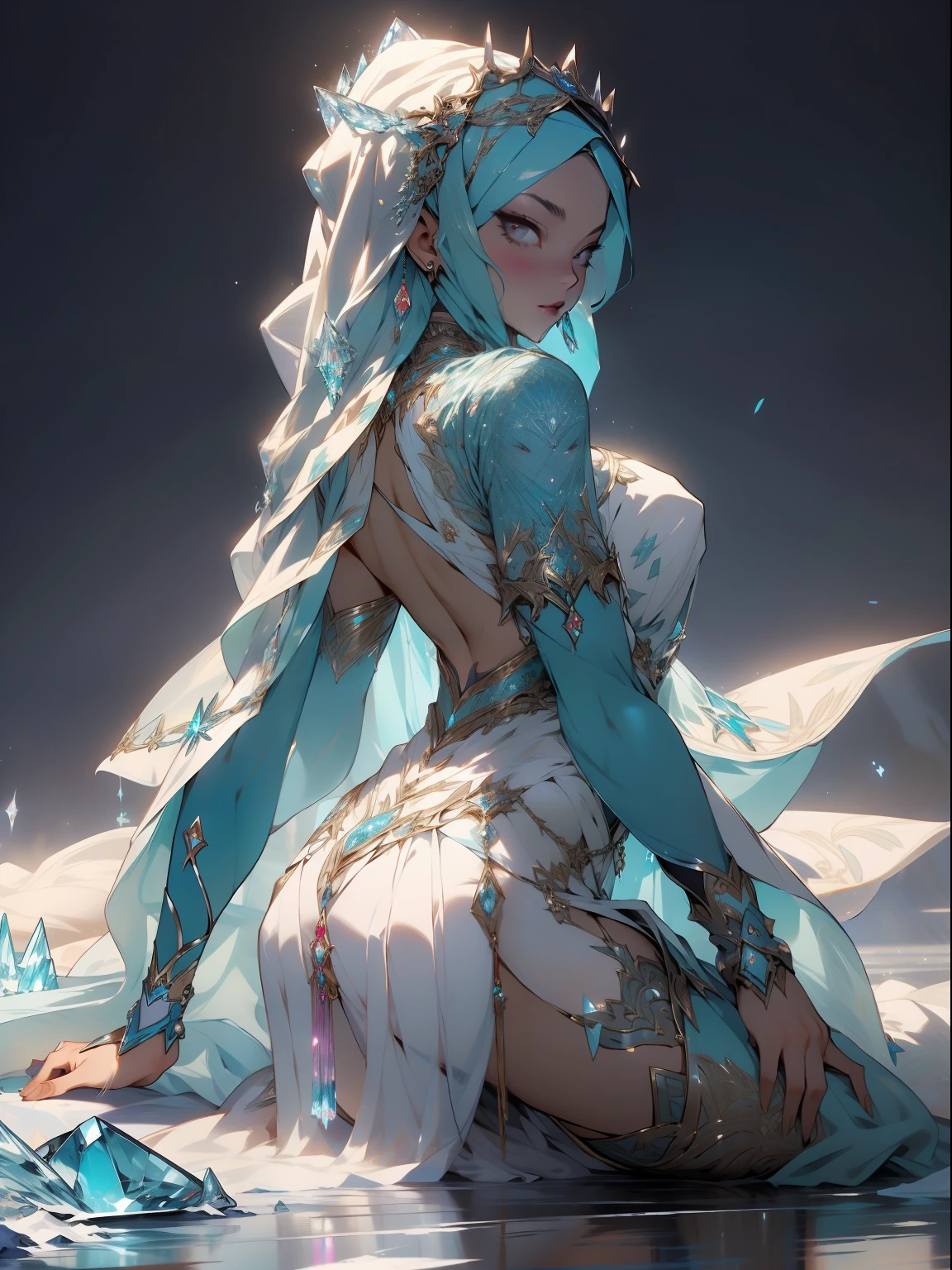 ((Best quality)), ((masterpiece)), (detailed: 1.4), (Absurd), Persian warrior, ((action pose)), (((Muslim woman wearing long turquoise dress with crystal ornaments))), (((burqa))), (((back))), very cold and ice, ready for war, dark skin, Middle Eastern woman, sculptural body with defined muscles, closed mouth, muscular body covered by a Hoyoverse-style technological dress, Honkai Impact, Geishin Impact, Veil covering head, whole body covered by clothing, holding two scimitars, ((small breasts)), (eyes with heavy makeup), lots of jewelry and ornaments