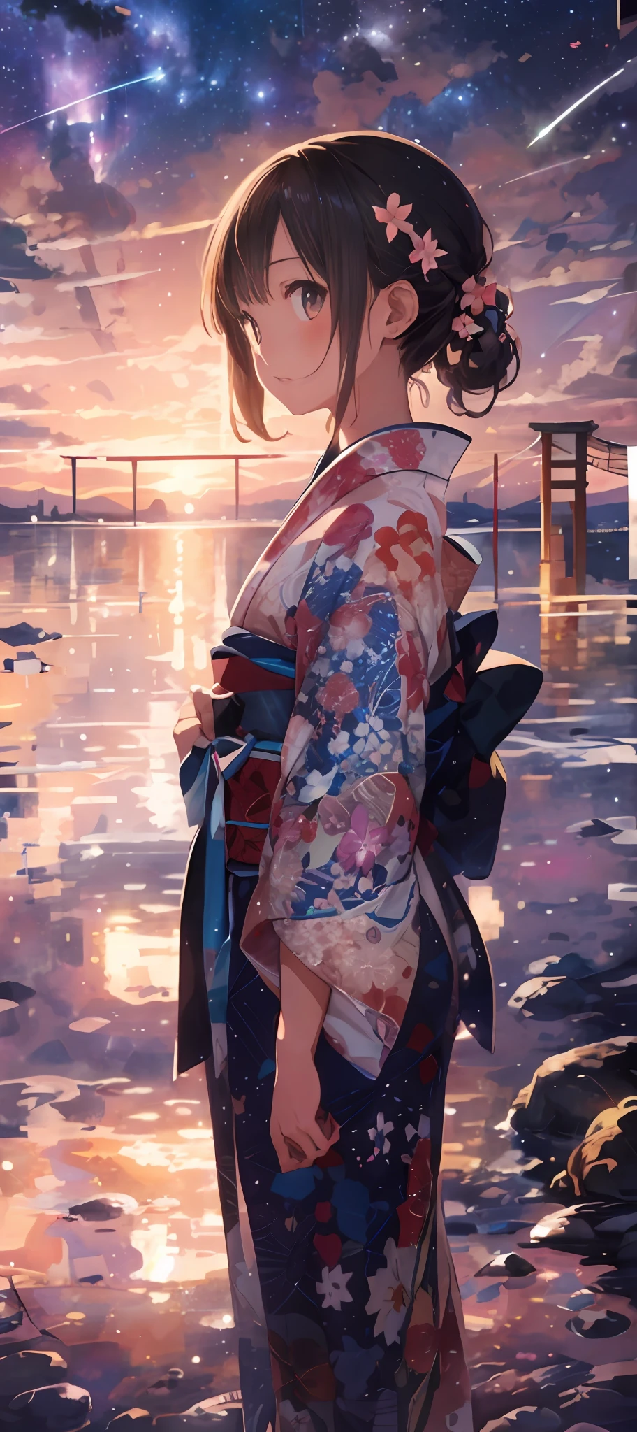 1girl, a distant girl kiss girl in a kimono gazing at the stars, (zoomed: 1.1), (meteor shower: 1.2), (comet: 1.1), your name, low angle, from behind, Northern Lights, meteors, yukata, red kimono, cherry blossoms, standing in the field, best quality, masterpiece, clouds, colorful, starry, stars,