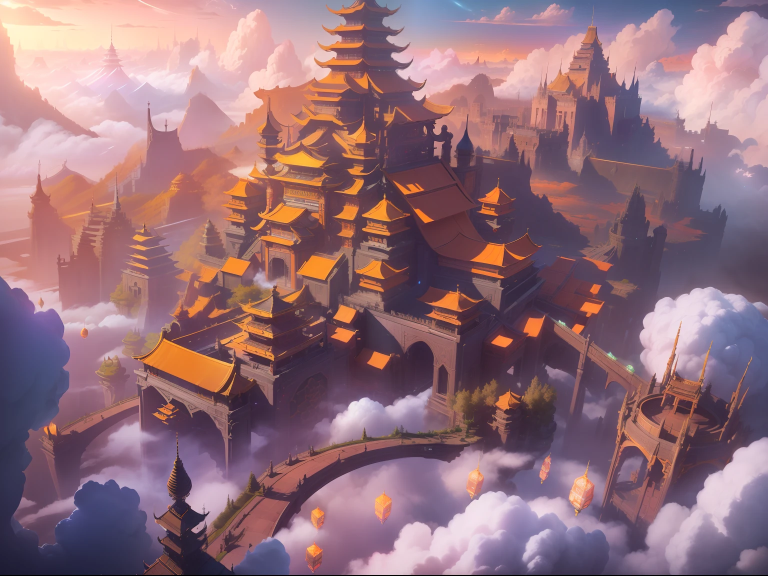 high high quality,Best quality at best,Realiy,Super realistic,super detailing,A high resolution,8K,Very realistic,Epic fantasy digital art style,sky cities,Several cities floating in the sky are connected by chain bridges,The city is above the endless starry sky,Below is a fantastic starry sky,Fantasy sci-fi city,The dystopian city of the future,Sci-fi alien flying machines shuttling through the sky, Dazzling、Electronic music style lighting,Create a neon feast for the city of the future。((tmasterpiece:1.2))(intricately details:1.2),(Extremely detailed floating city:1.3), ((A detailed mirage floating above the clouds),(Detailed hallucinations of Chinese mythology, The illusion of detail in the Forbidden City in China),(Highly transparent mirage),((Detailed view of the base of the Phantom Castle)),Ultra-detailed,extremely detailed and beautiful, Sky and white clouds and sunset glow background, (A city on a floating cloud, Floating petals, A garden in bloom in the sky, Many vines on the wall:1.2) imagination, Dream, offcial art, RAW photogr, Incredibly Ridiculous res, (super wide shot), Holy light,动态照明, cinmatic lighting, highest details, extremy detailed, Hyper-detailing, finedetail,