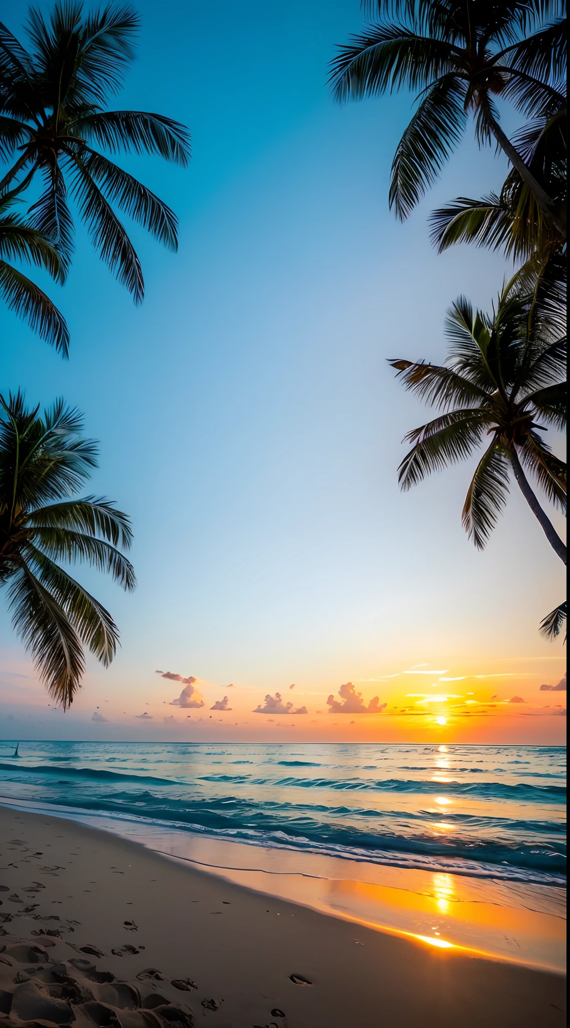 What images do you want AI to create?、It is an enchanting scene depicting a stunning gradation sky on a beach surrounded by several palm trees。 On the horizon is、The vast ocean spreads out、Draw the sky with smooth color transitions。The gradient is、Starting with a soft and vivid shade of blue at the top、composed々blends into a bright pale shade of blue、Creates a feeling of calm and tranquility。Looking down、The color changes to a soft, sparkling pink、Delicately mixed with orange tones、Brings a warm touch to the landscape。 The beach stretches along the scene.、Its fine golden sand reflects the softness of the color of the sky。Soft, crystal clear waves kiss the shore、Creates a calm and relaxed atmosphere。Along the beach are placed several tall and majestic palm trees、Those green leaves sway gently in the taste of the sea breeze。 The sun sets on the horizon、Gives the landscape a soft golden glow。Its latest lights illuminate the sky、Further enhance color gradients、Adds a magical feel to the environment。The silhouette of a palm tree against the background of a colorful sky is、Create a picturesque image、Conveys a sense of peace and tranquility。 This image is、It depicts harmony between nature and the coastal environment.、It captures the ephemeral beauty of sunsets on the beach surrounded by gradient skies and graceful palm trees。