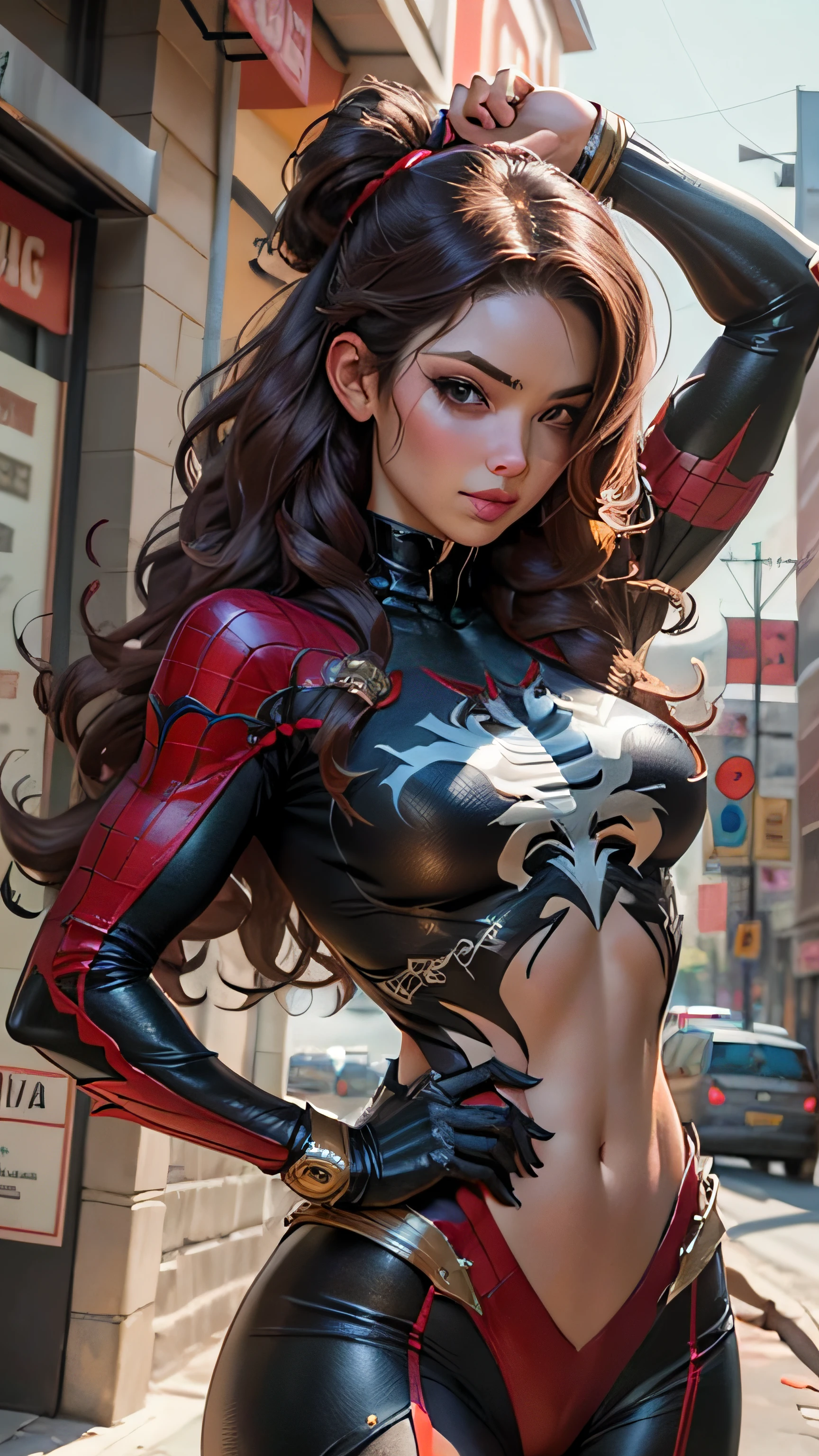 Linda mulher corpo definido detalhado usando cosplay homem aranha, seios grandes, imagem 1080x2000