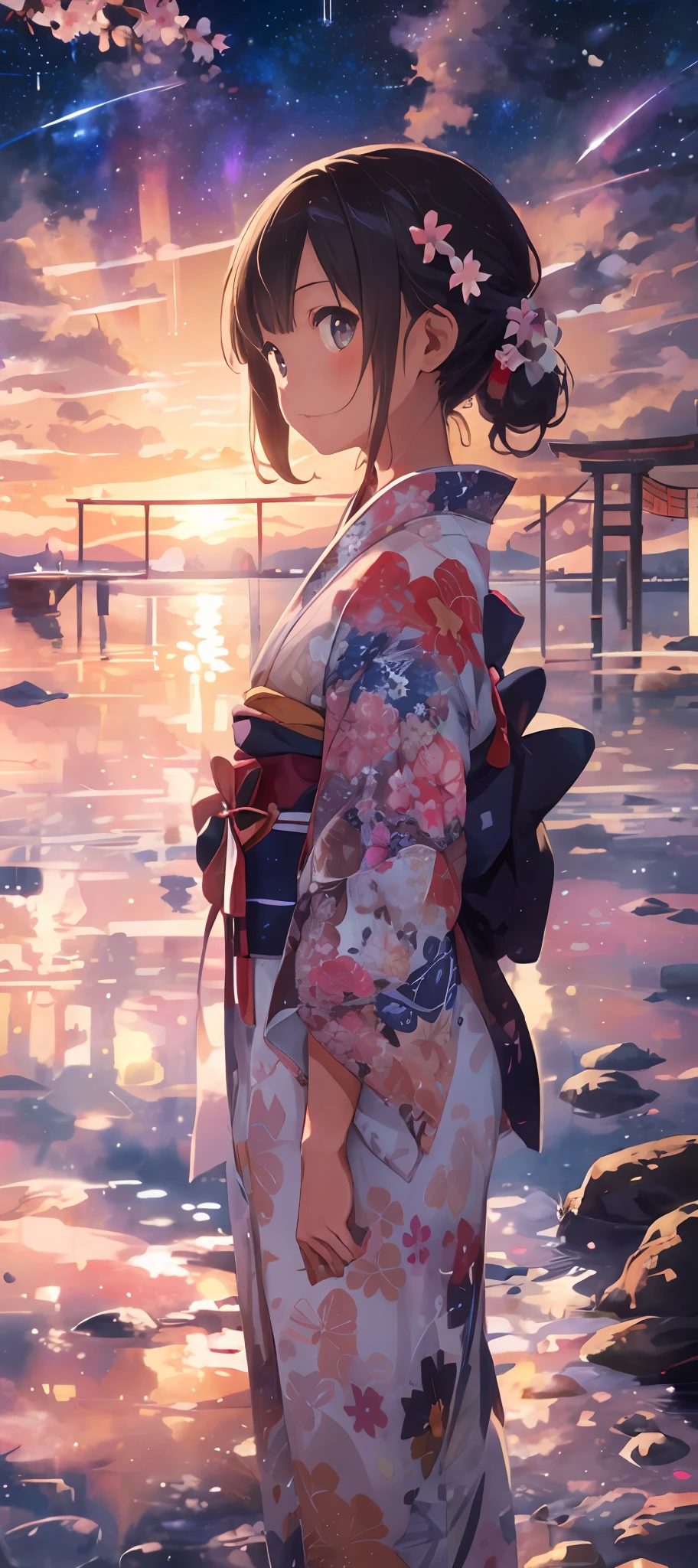 1girl, a distant girl kiss girl in a kimono gazing at the stars, (zoomed: 1.1), (meteor shower: 1.2), (comet: 1.1), your name, low angle, from behind, Northern Lights, meteors, yukata, red kimono, cherry blossoms, standing in the field, best quality, masterpiece, clouds, colorful, starry, stars,