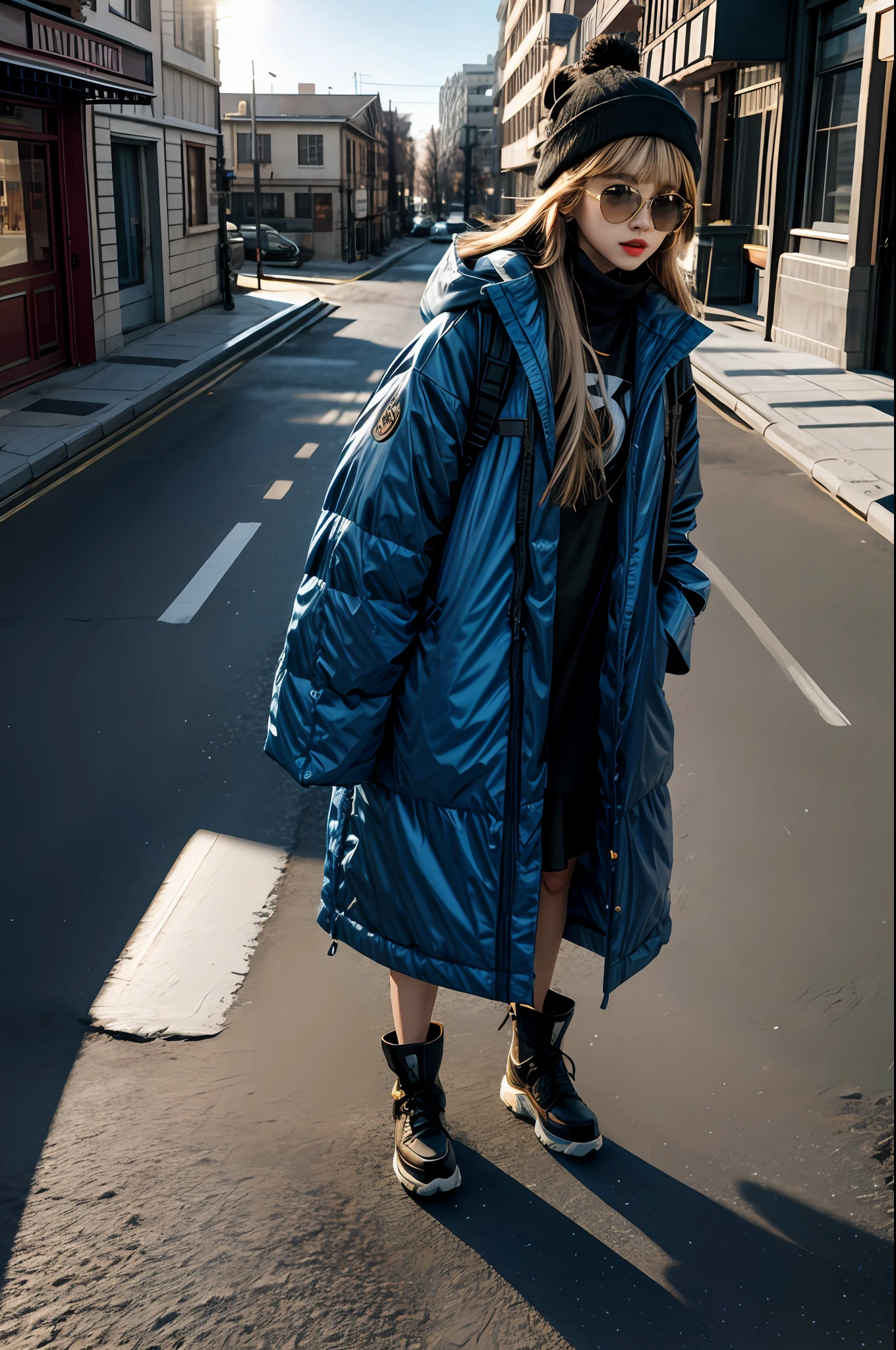 (Movie Angle:1.2),streetview,(Full body photo 1.2,one-girl,sun glasses,Winter attire),(best qualtiy,the detail,tmasterpiece,offcial art,movie light effect,4K)