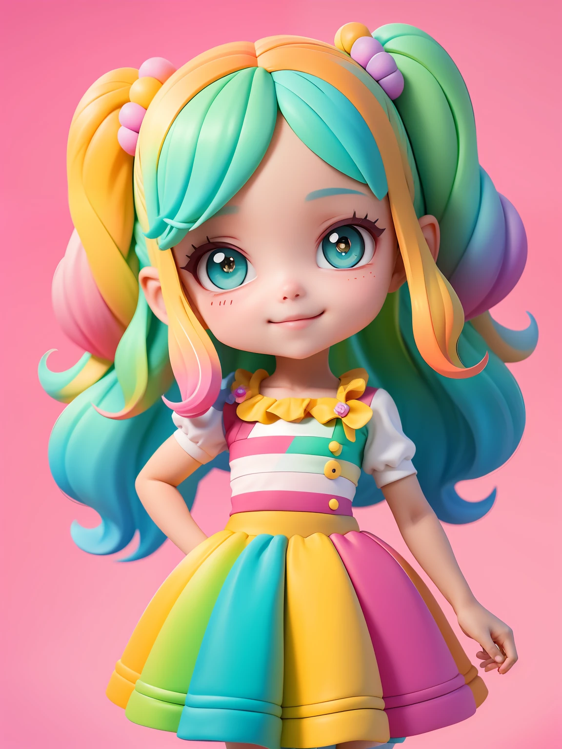 (obra-prima), (melhor qualidade), (ultra-detalhado), (corpo inteiro: 1.2) loli menina morena, leve e detalhado, sorriso claro, corpo inteiro, :3, cabelo multicolor, curto, preso, pavor, moderno, Modern accessories, fundo tom pastel , colorido e simples.
