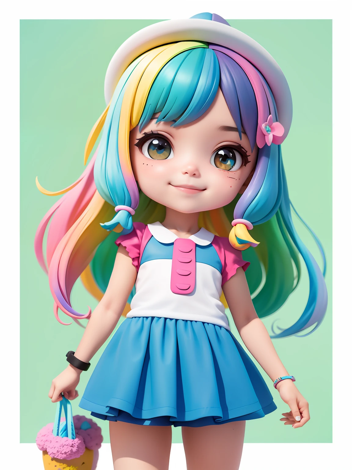 (obra-prima), (melhor qualidade), (ultra-detalhado), (corpo inteiro: 1.2) loli menina morena, leve e detalhado, sorriso claro, corpo inteiro, :3, cabelo multicolor, curto, preso, pavor, moderno, Modern accessories, fundo tom pastel , colorido e simples.