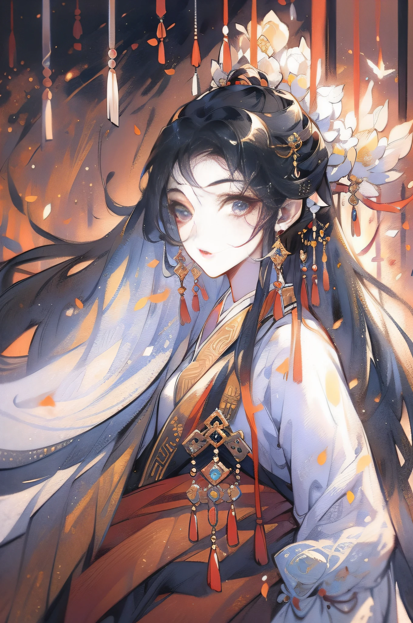 China-style,ink and watercolor painting,Hanfu,1girl ,standing on your feet,The clothes are black and white,long whitr hair,Handsome,swordsmen,the detail,closeup of face,k hd,ultraclear,color fill-in,color full