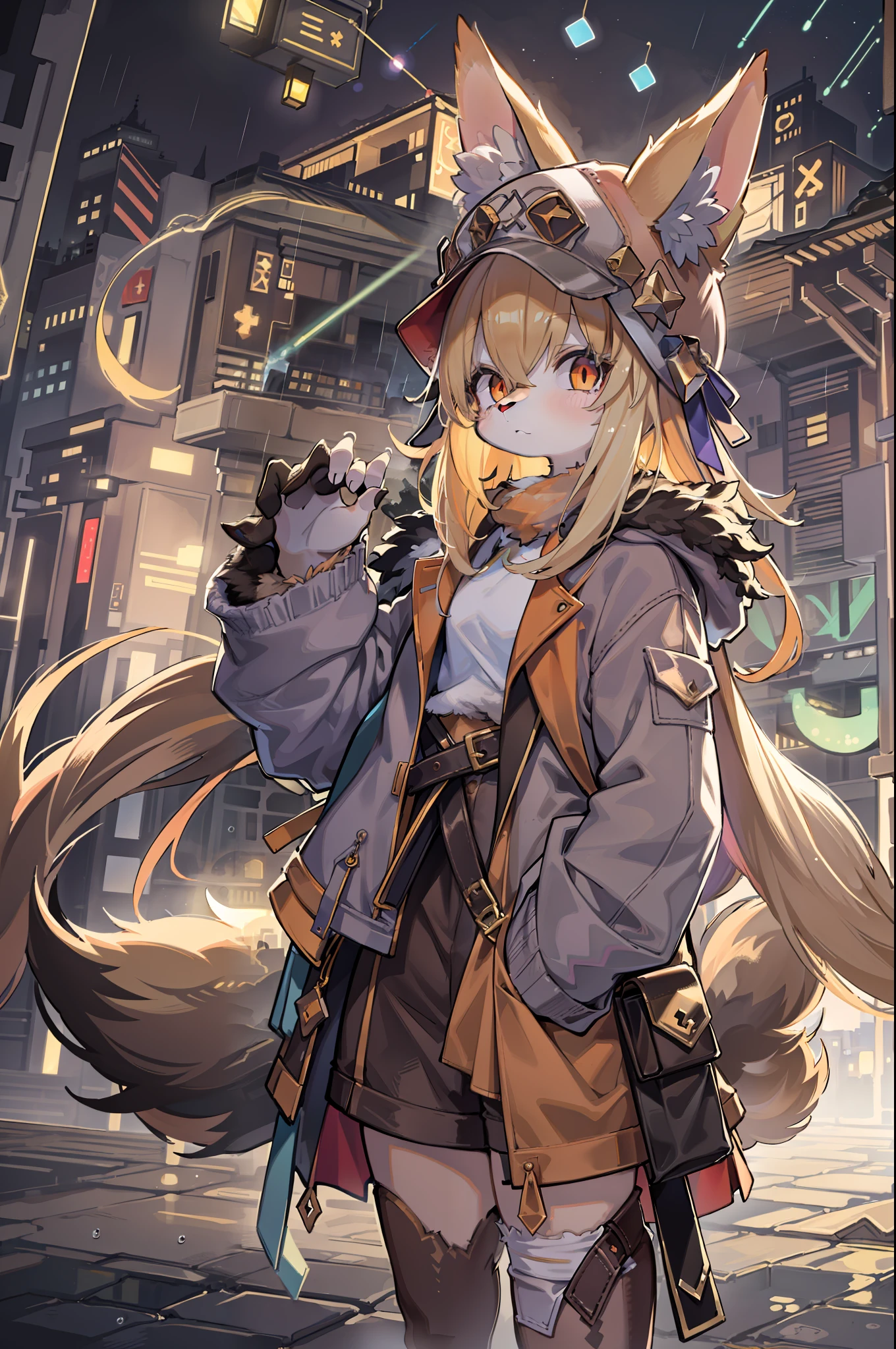 tachi-e,Shota the fox,hairy pubic,shaggy,Skin fur,Golden fur,Golden yellow face fur,Short straight blonde hair,Eyes have light,Red eyes,Brown elements on fur,Brown coat brown hood up,Star pattern white top,brown shorts,Beautiful lights and shadows,Ambient light,Ultra-fine fur,volumettic light,natural lightting,Fluffy tail,Dilapidated building,Plant elements in ruins,lichen,There is no other life,Night,starrysky,Vast landscape,crossed bangs, Hairline, Shiny hair, lone nape hair, ,Dilated pupils,Sleepy,(moon full:1.2),(meteors:0.9),(Starcloud:1.3)(Warm light source:1.2),Rained,wetclothes, (overcast sky, Standing downpour:1.1), Extra-long sleeves, Purple and orange,Complicated details,Volumetriclighting,Realist breakthrough(tmasterpiece:1.2)(best qualtiy),4K,Ultra-delicate,(Dynamic configuration:1.4),Highly detailed and colorful details,(Irridescent color :1.2),(luminouslighting,Atmospheric lighting),dream magical,magic,(独奏:1.2)Glowing light,Empty eyes