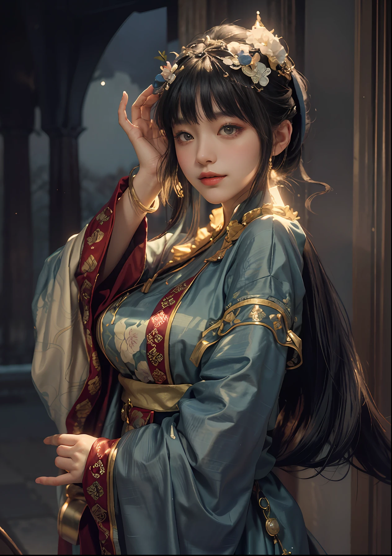 Art depicts a charming woman，Dressed in a flowing manner、Silky traditional oriental dress，pale-blue，Decorated with intricate patterns and bright colors。Her dress draped elegantly over her curvy figure，Highlights her seductive silhouette。She stood gracefully in the quiet moonlit night，bathed in the soft glow of the moonlight。The scene exudes an ethereal and dreamy atmosphere，With a touch of mystery and sexiness。The image style incorporates watercolor and digital illustration techniques，It evokes a refined beauty and charm。The lights are filled with soft moonlight，casting soft highlights and shadows on her charming features。Bare thighs，Bigchest