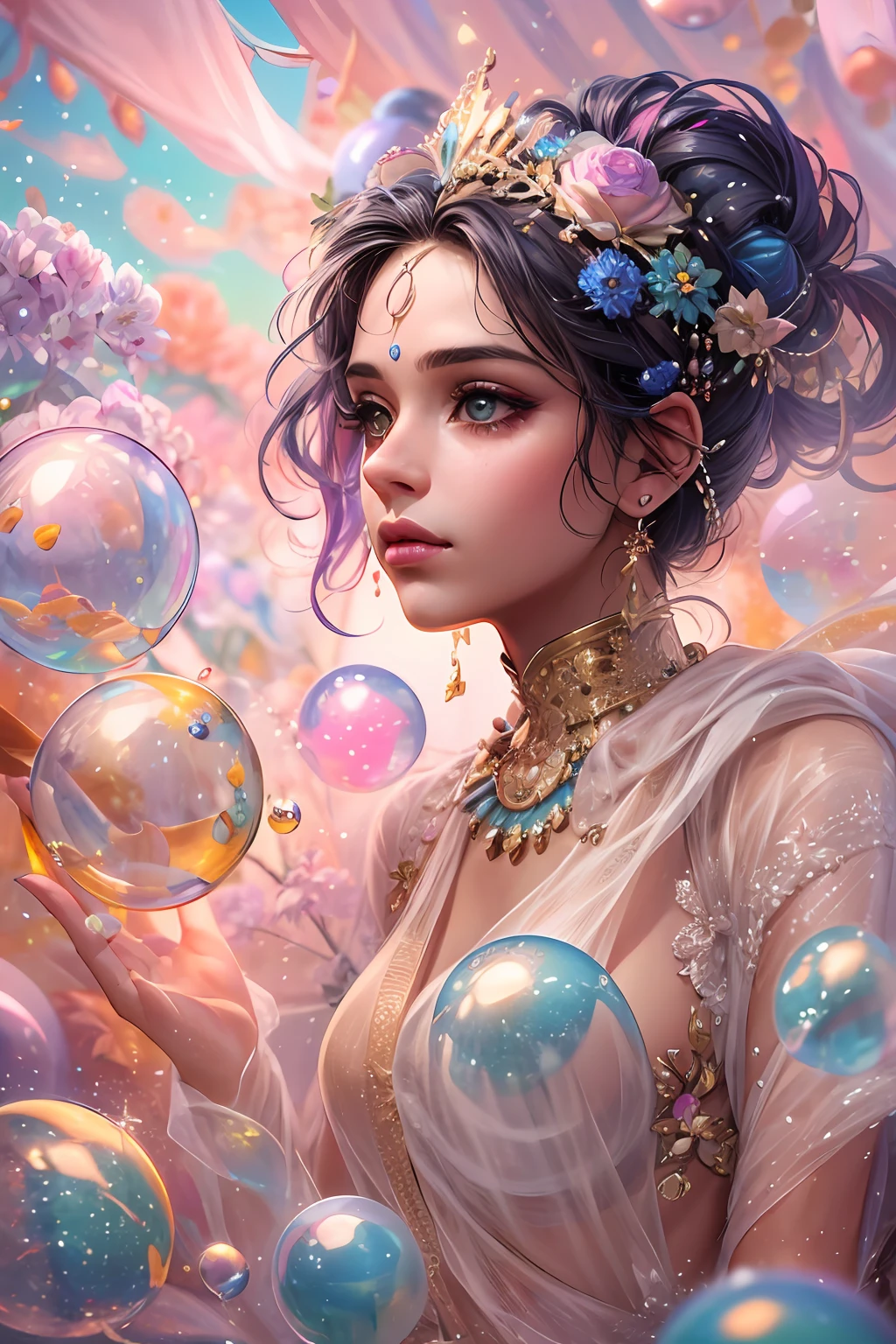 ((masterpiece)). This artwork is sweet, dreamy and ethereal, with soft pink watercolor hues and candy accents. Generate a delicate and demure fae exploring a (bubblegum world with a wide variety of pastel shades). Her sweet face is extremely detailed and realistic with elegant features and a fierce expression, and looks like ((((naomi scott)))). Include mature features and stunning, highly realistic eyes. Her eyes are important and should be realistic, highly detailed, and beautiful. In high definition and detail, include lots of details like stars, galaxies, colorful bubbles, colorful petals, and lots of energy and emotion! The stars and colorful bubblegum bubbles are important! Include fantasy details, enhanced details, iridescence, colorful glittering wind, and pollen. Pay special attention to her face and make sure it is beautifully and realistically detailed. The image should be dreamy and ethereal.8k, intricate, elegant, highly detailed, majestic, digital photography