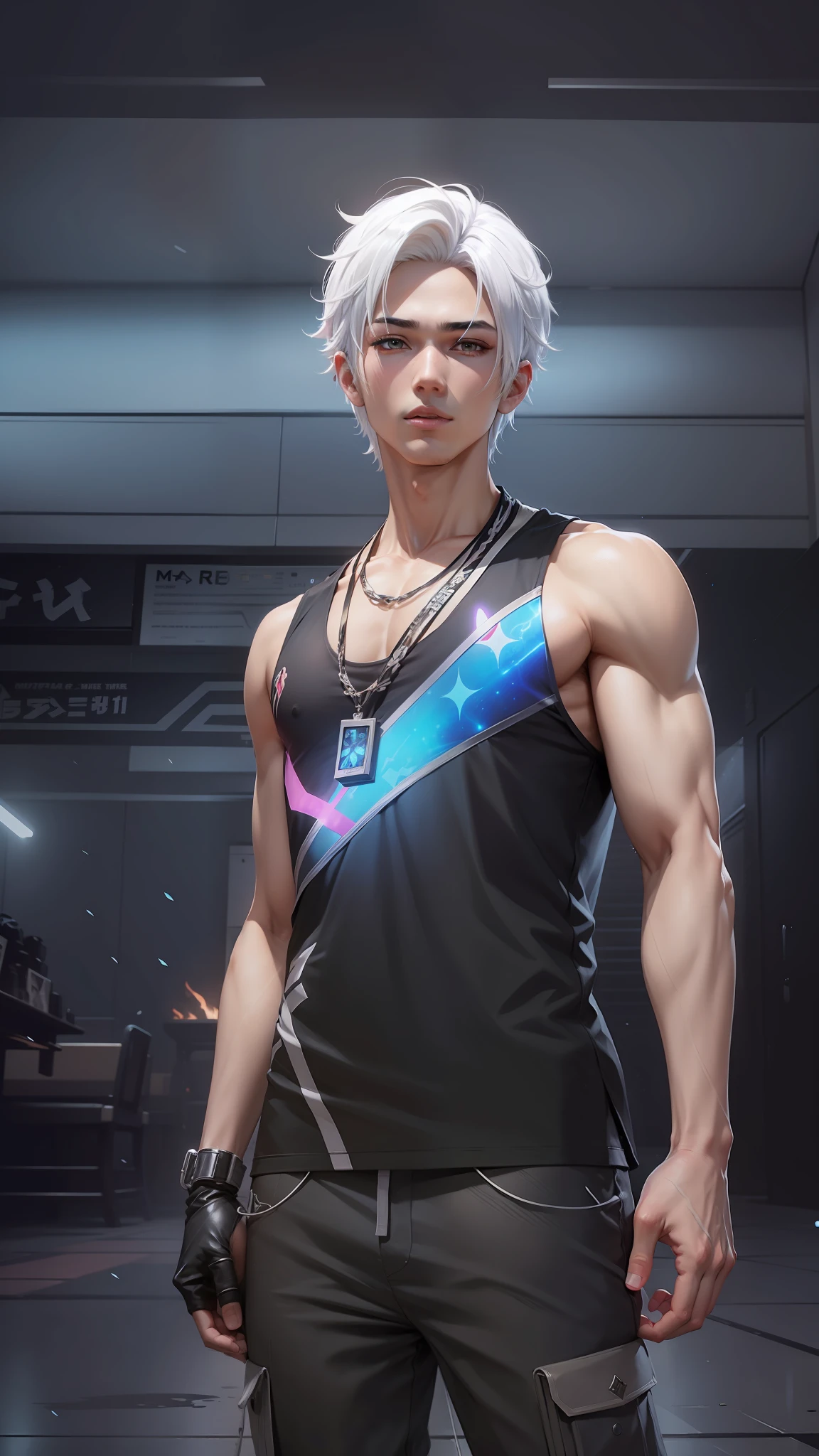 1boy, anime, karakter Maxim, Garena free fire, white hair