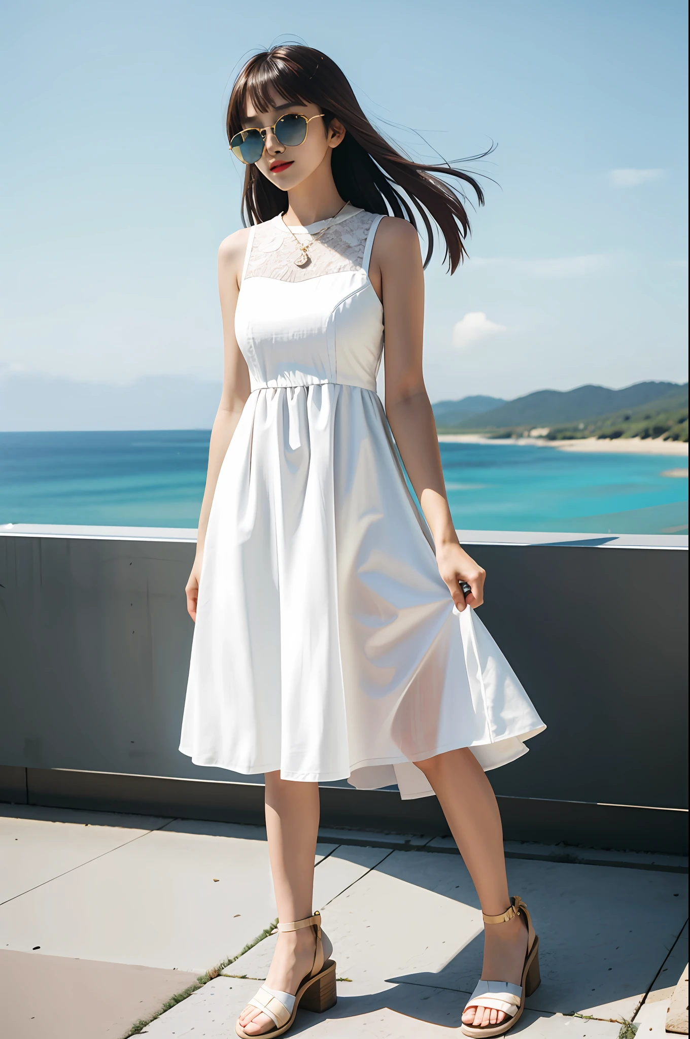 (Movie Angle:1.2),Plain white background 1.5,(Full body photo 1.2,one-girl,sun glasses,Summer dress),(best qualtiy,the detail,tmasterpiece,offcial art,movie light effect,4K)