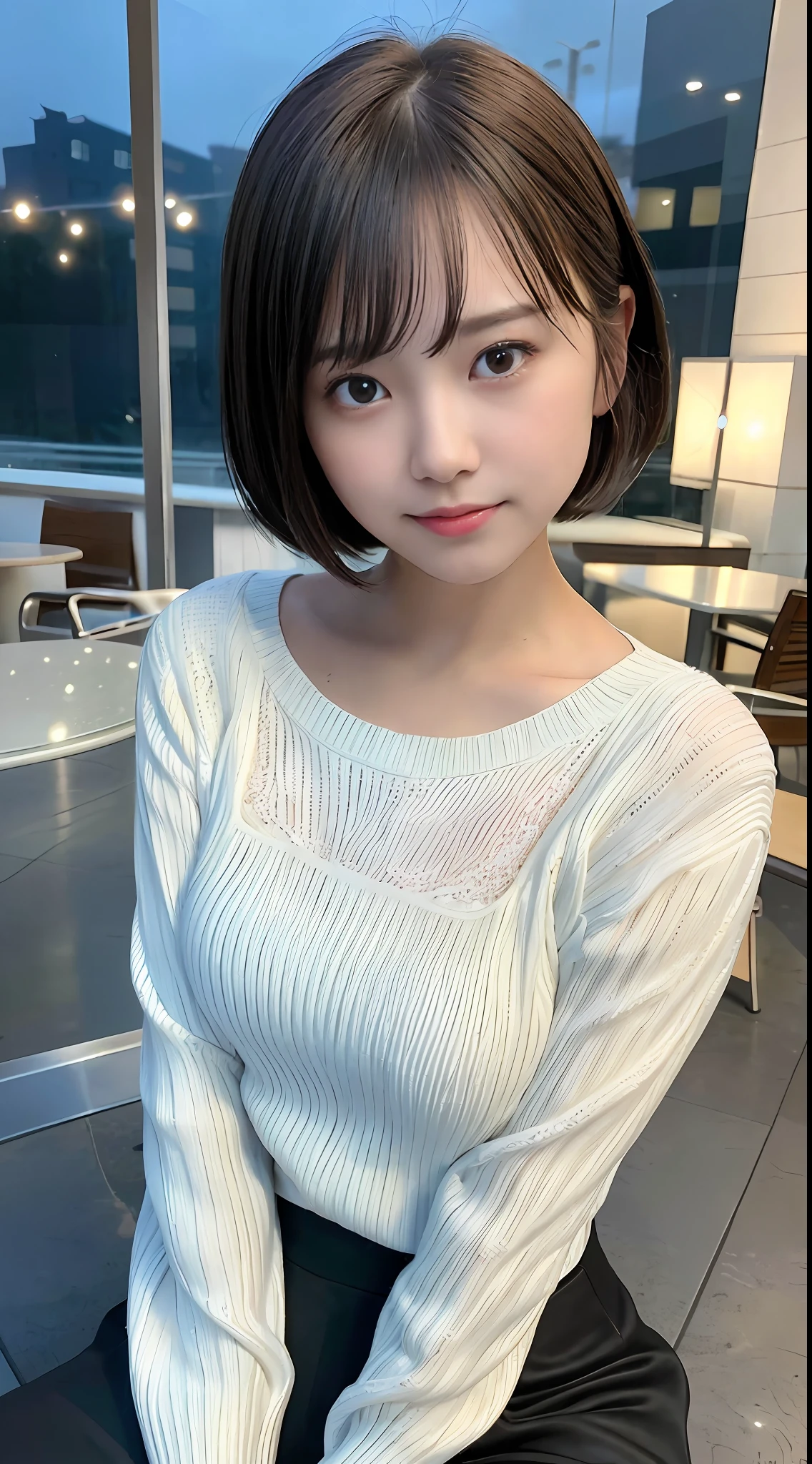 (8k, best quality, masterpiece:1.2), (realistic, photo-realistic:1.37) highres, ultra-detailed, 1 girl asian, cute, cute face, solo, short hair 1.2, textured skin, beautiful smile, beautiful detailed sky, detailed cafe, night, cinematic lighting, depth of field, lens flare
light, sitting, dating, (nose blush), (smile:1.15), (closed mouth) small breasts, beautiful detailed eyes, (sweater:1.1), night, wet, business attire, rain, white lace, (short hair:1.2), floating hair NovaFrogStyle,